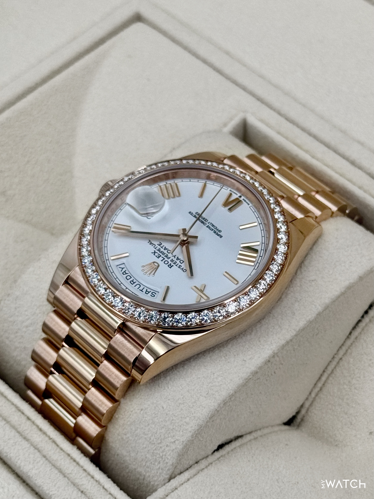 2022 Rolex Day-Date 40mm 228345RBR Presidential Rose Gold Diamond Bezel White Dial (CPO)