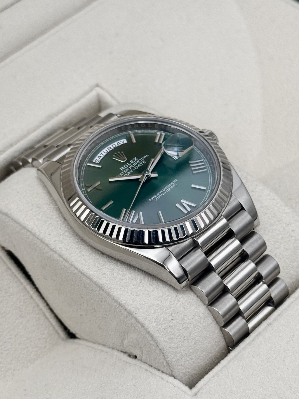 2020 Rolex Day-Date 40mm 228239 Presidential White Gold Olive Green Dial