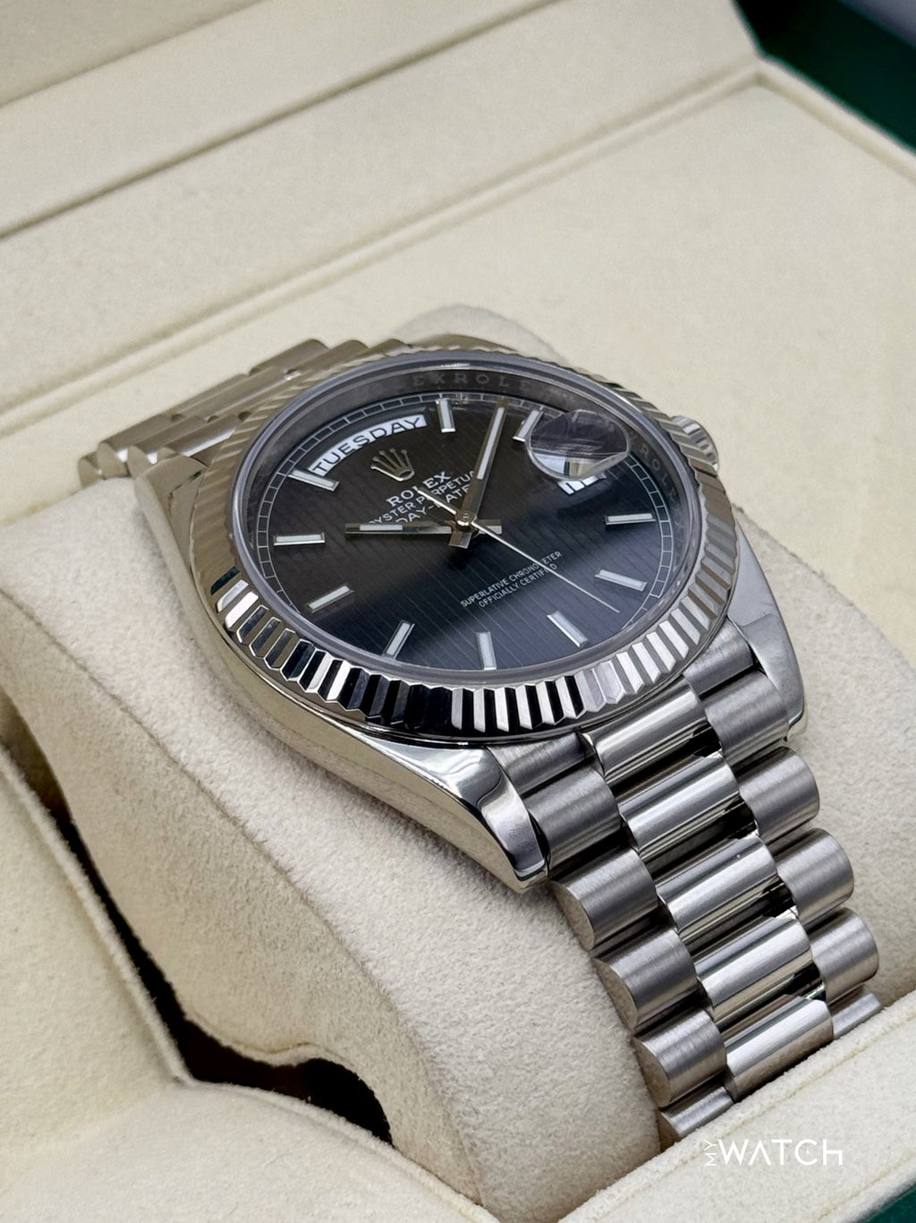 2020 Rolex Day-Date 40mm 228239 White Gold Rhodium Motif Dial