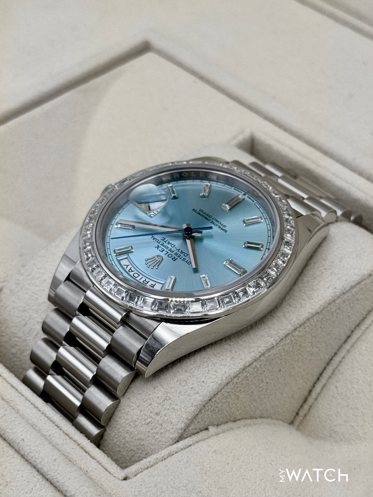 2023 Rolex Day-Date 40mm 228396TBR Ice Blue Diamond Baguette Dial