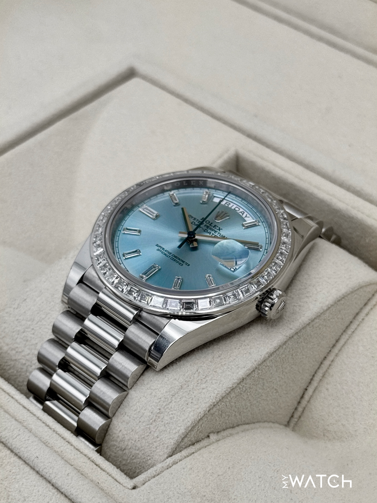 2023 Rolex Day-Date 40mm 228396TBR Ice Blue Diamond Baguette Dial