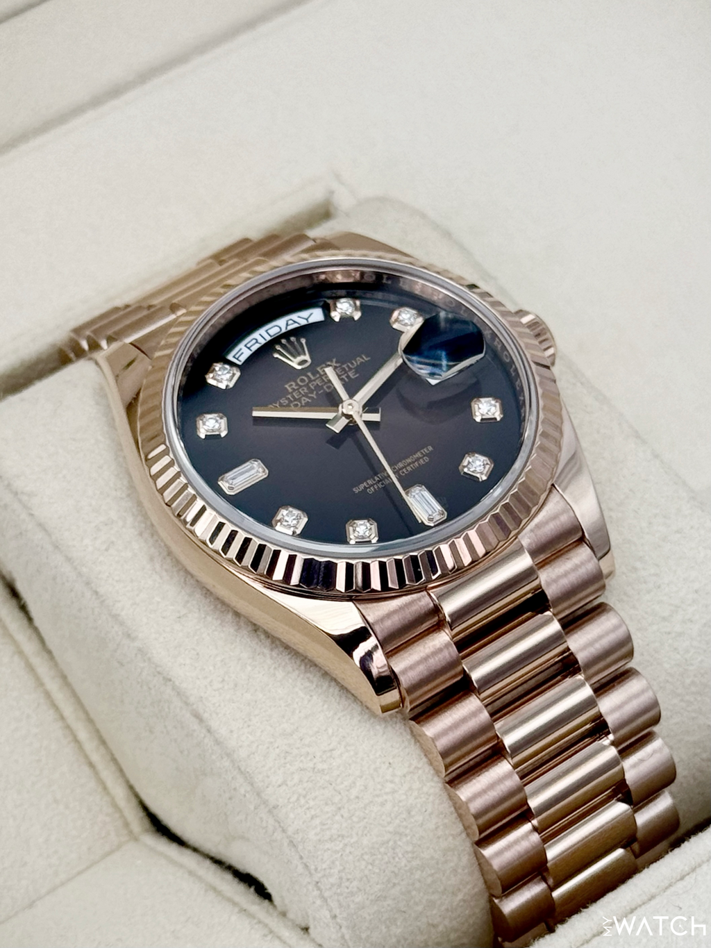 2022 Rolex Day-Date 36mm 128235 Rose Gold Chocolate Diamond Dial