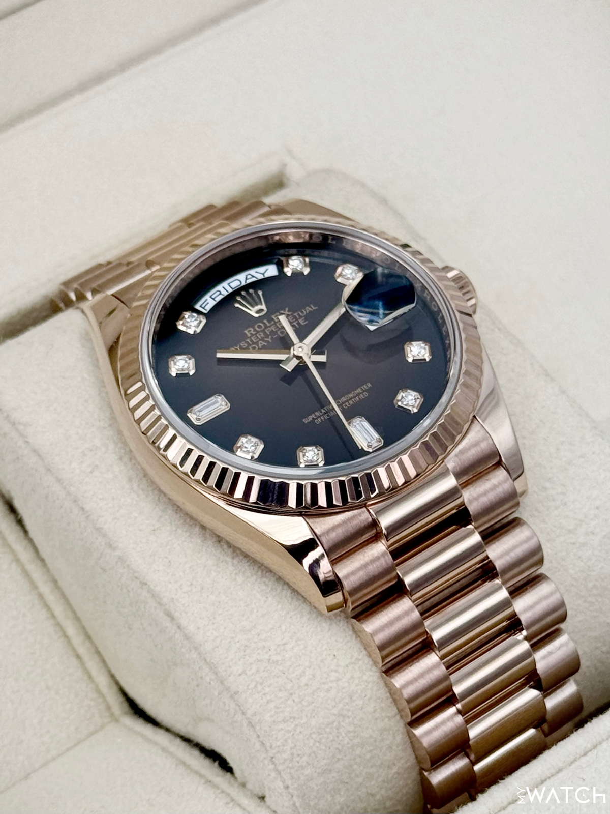 2022 Rolex Day-Date 36mm 128235 Rose Gold Chocolate Diamond Dial