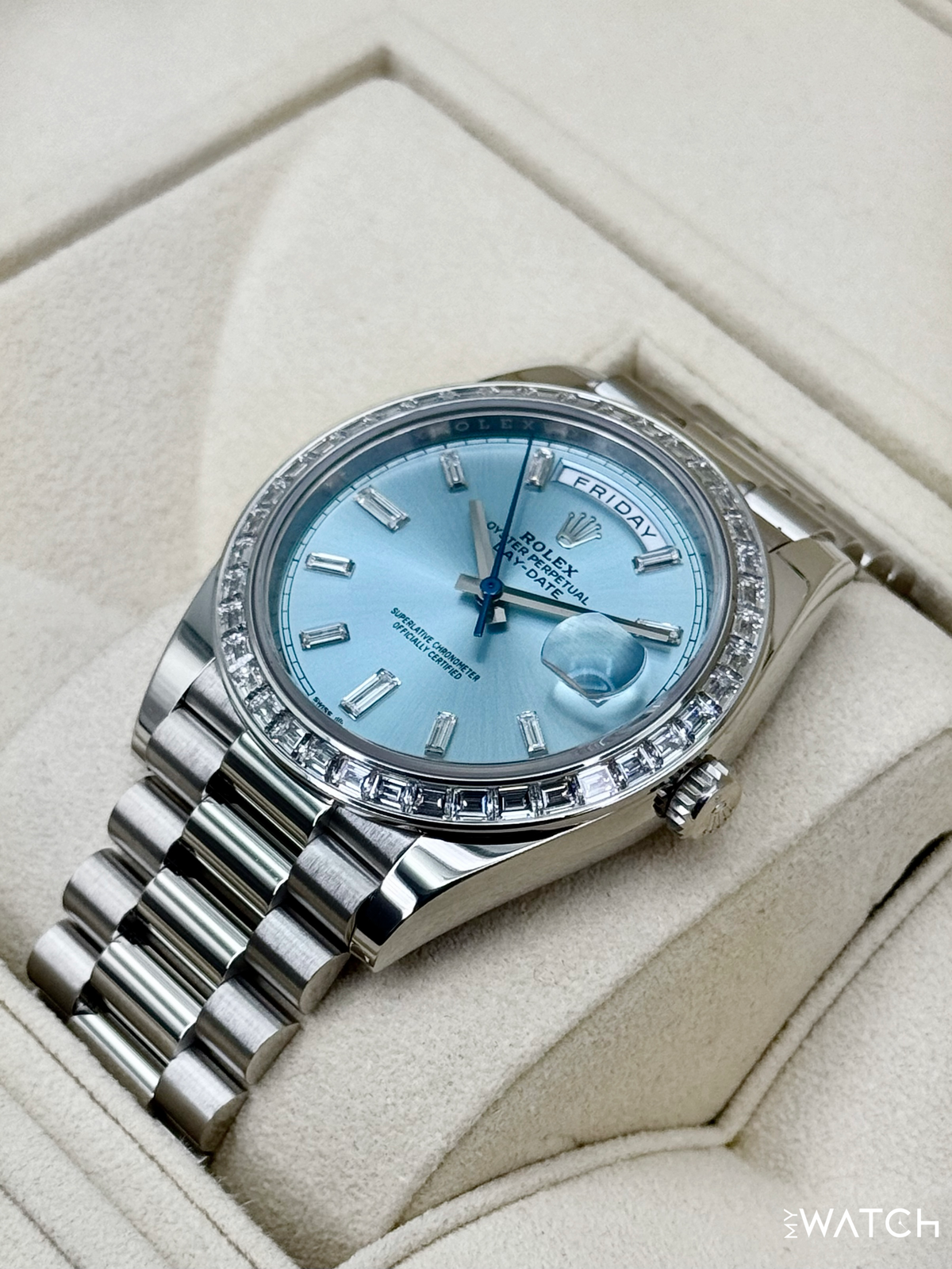 2022 Rolex Day-Date 40mm 228396TBR Ice Blue Diamond Baguette Dial