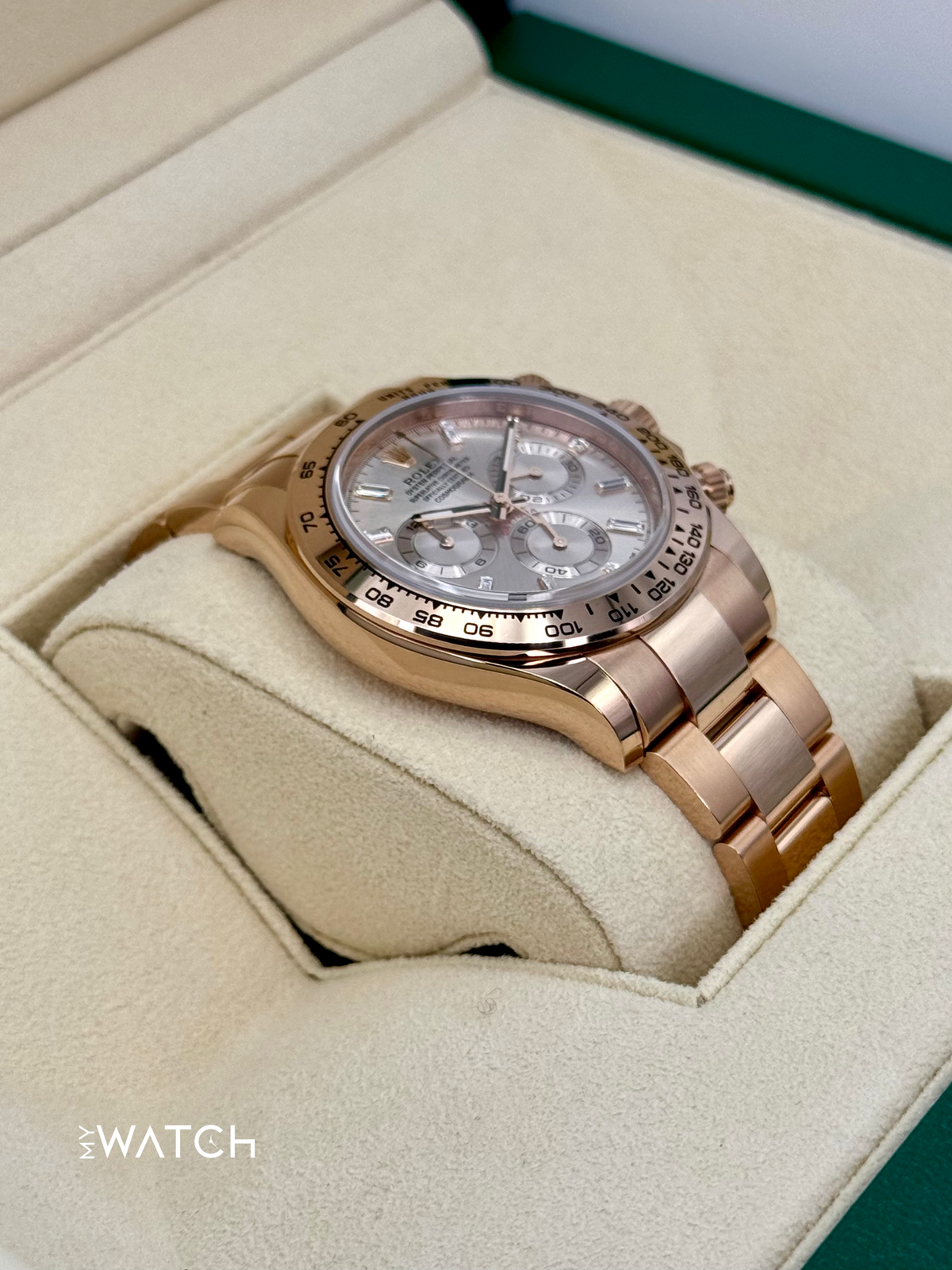 2022 Rolex Daytona 40mm 116505 Rose Gold Sundust Diamond Baguette Dial