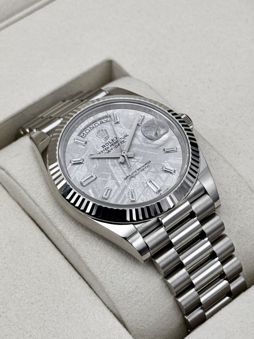 NEW 2026 Rolex Day-Date 40mm 228239 White Gold Meteorite Diamond Dial
