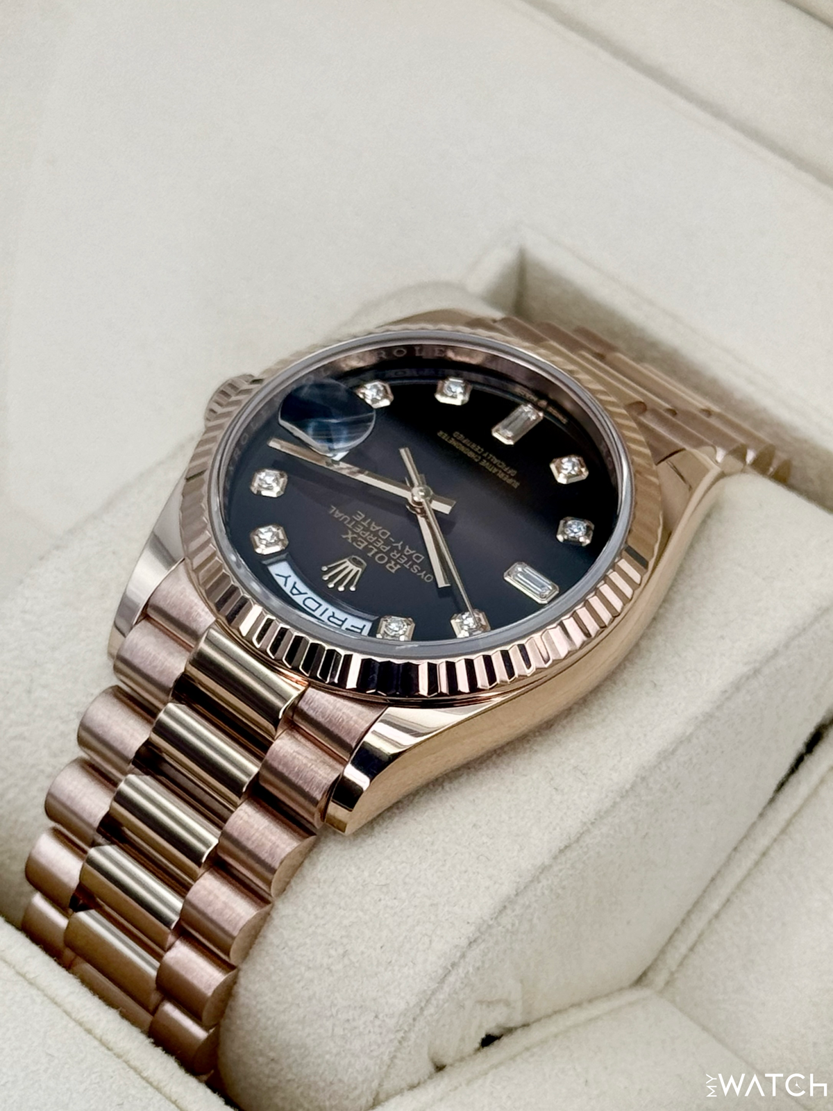 2022 Rolex Day-Date 36mm 128235 Rose Gold Chocolate Diamond Dial