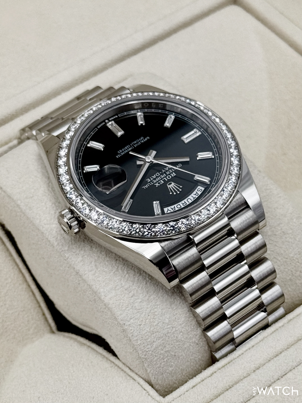 2023 Rolex Day-Date 40mm 228349RBR Presidential Black Diamond Baguette Dial