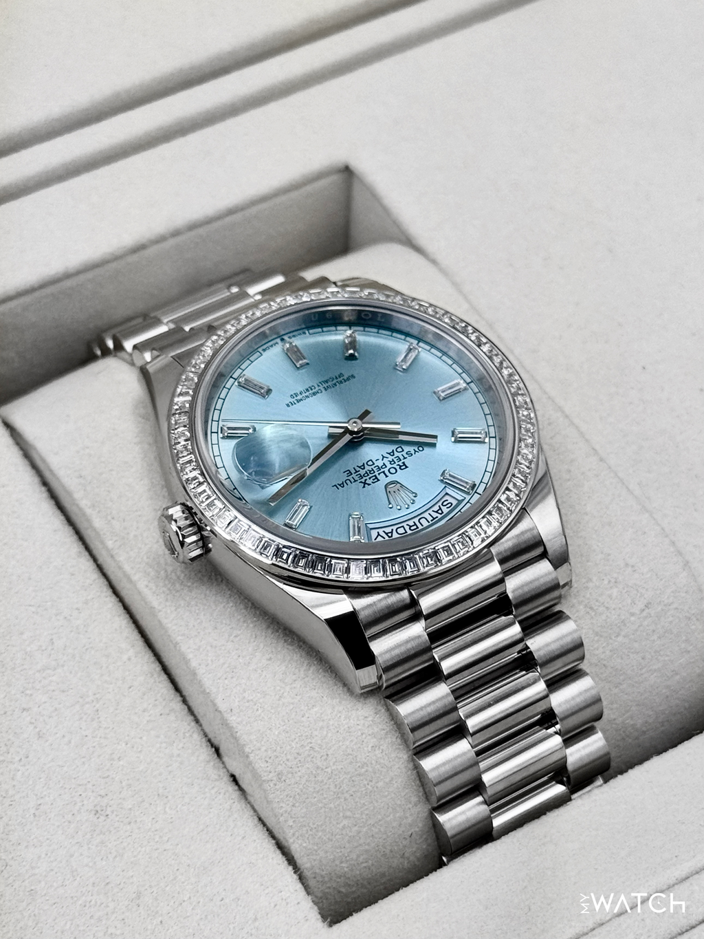 NEW Rolex Day-Date 36mm 128396TBR Ice Blue Diamond Baguette Dial
