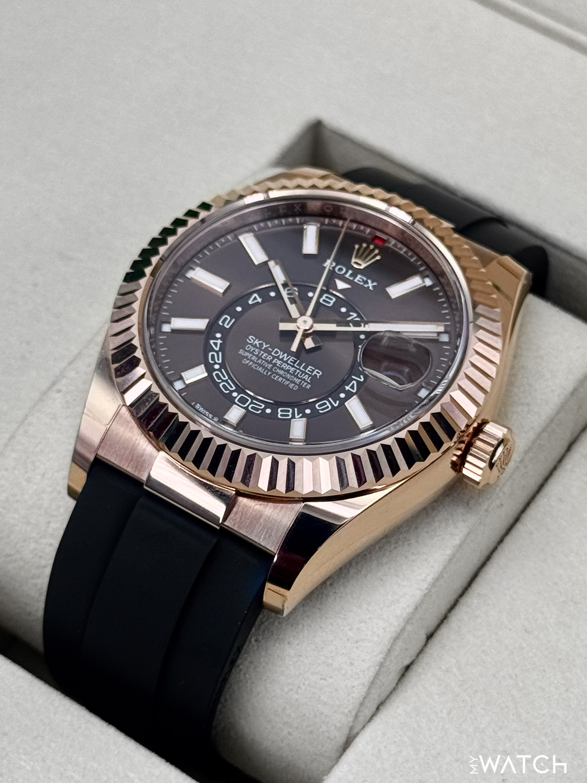 2025 Rolex Sky-Dweller 42mm 336235 Rose Gold Oysterflex Chocolate Dial