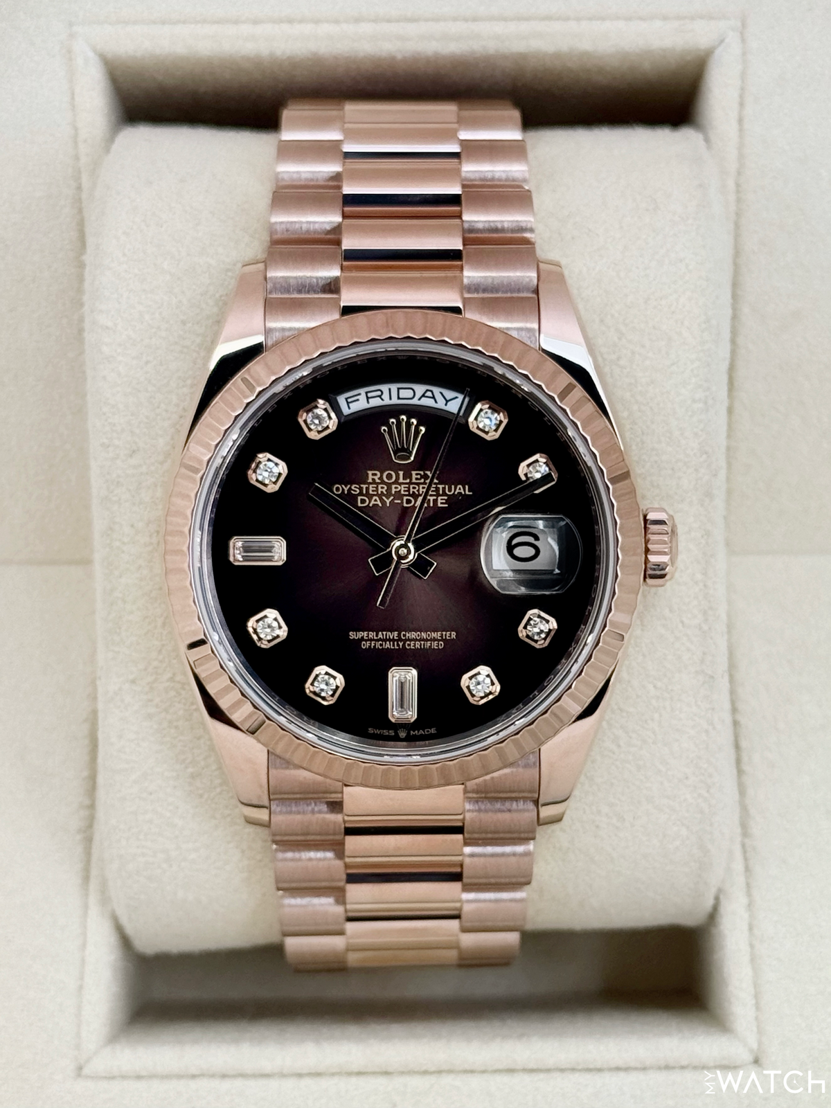 2022 Rolex Day-Date 36mm 128235 Rose Gold Chocolate Diamond Dial