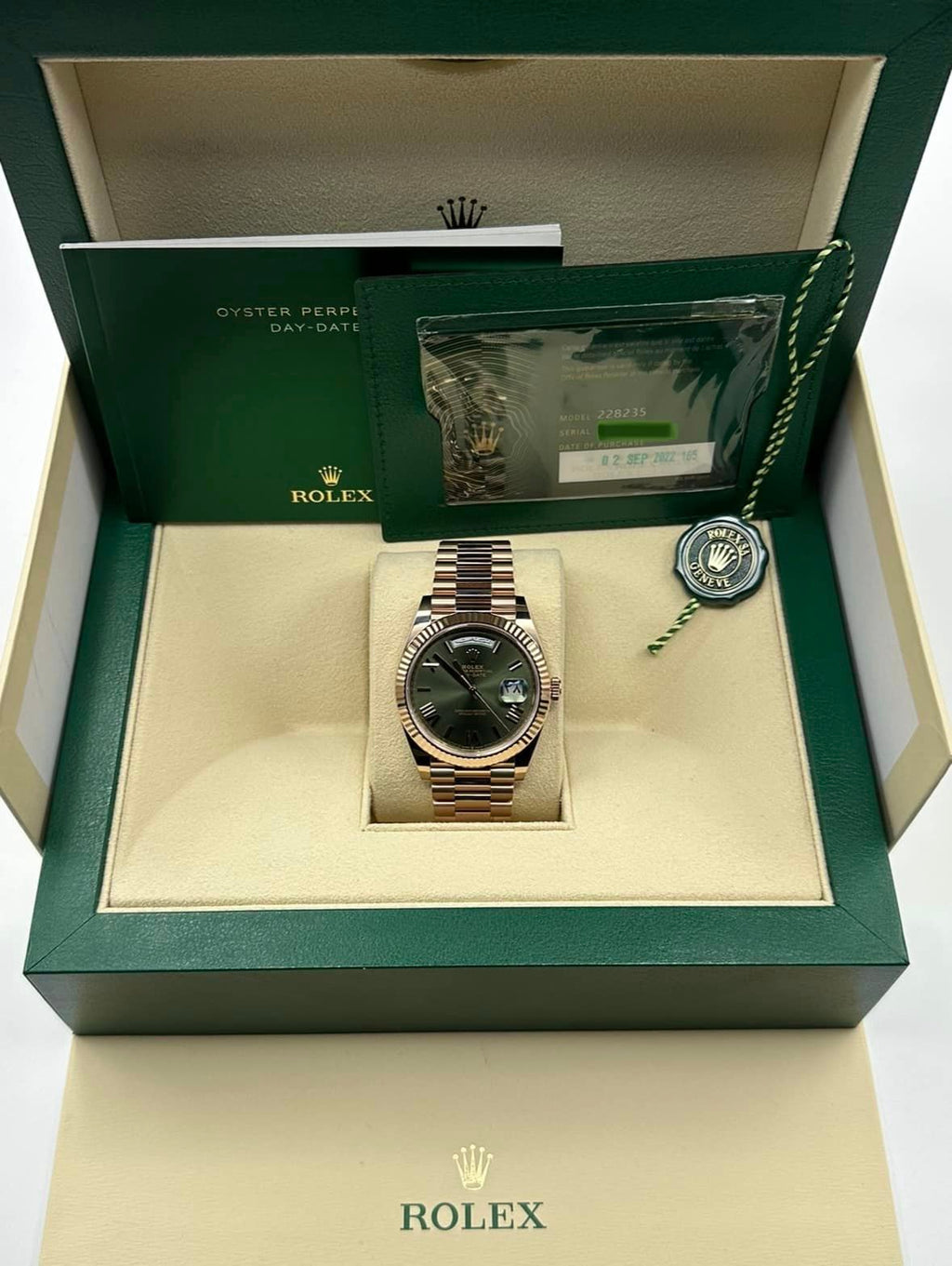 NEW 2022 Rolex Day-Date 40 228235 Rose Gold Olive Dial Arabic Calendar