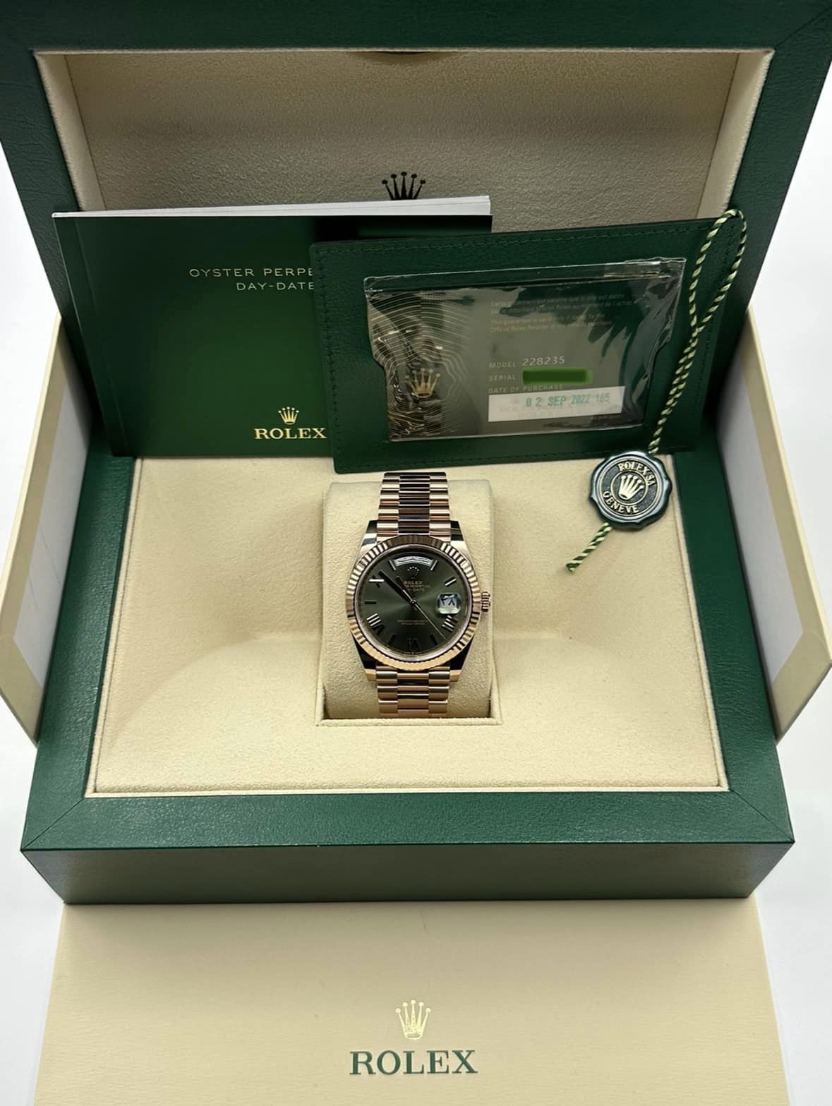 NEW 2022 Rolex Day-Date 40 228235 Rose Gold Olive Dial Arabic Calendar
