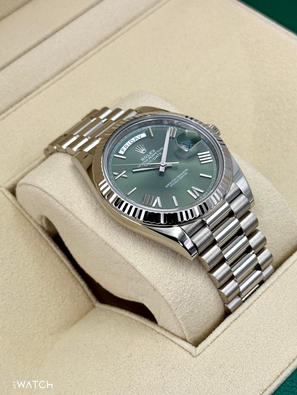 2021 Rolex Day-Date 40mm 228239 White Gold Olive Dial
