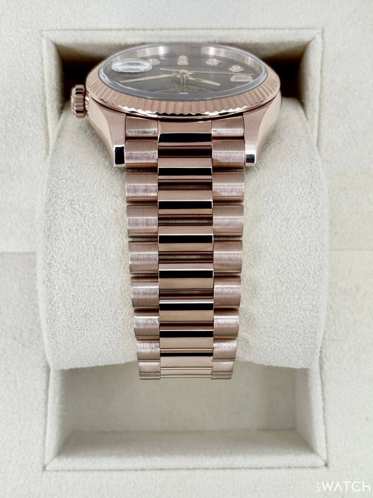 2022 Rolex Day-Date 36mm 128235 Rose Gold Chocolate Diamond Dial