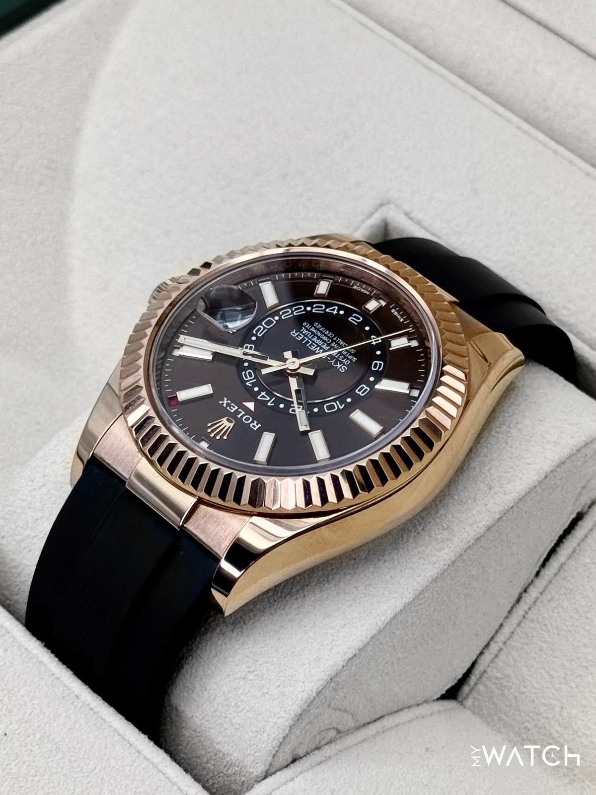 2025 CPO Rolex Sky-Dweller 42mm 326235 Rose Gold Oysterflex Chocolate Dial (CPO)