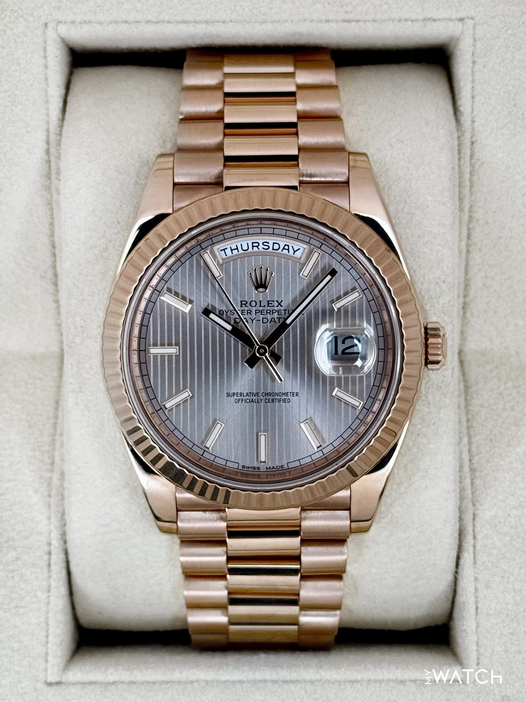 2018 Rolex Day-Date 40mm 228235 Presidential Rose Gold Sundust Stripe Motif Dial