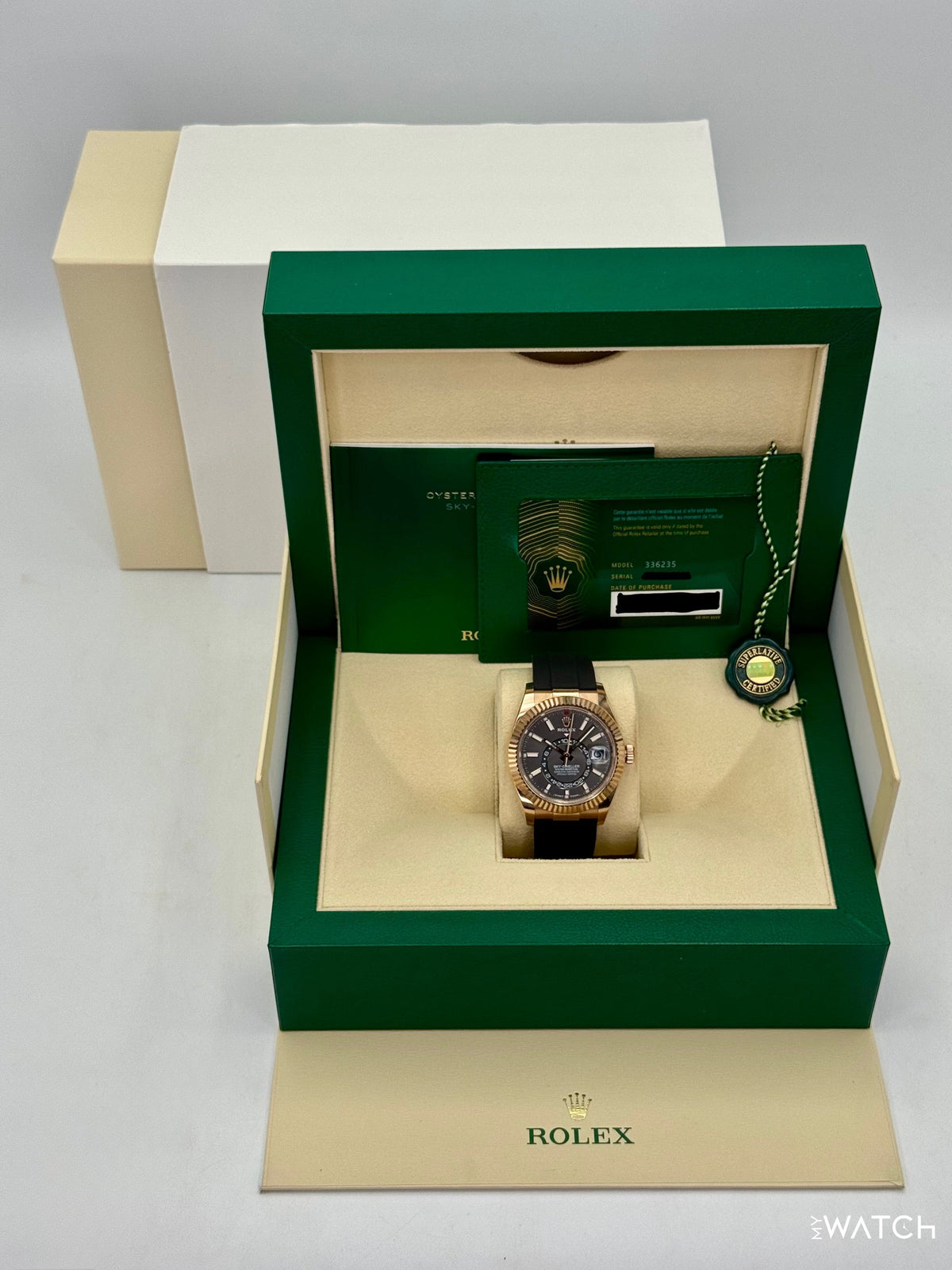 2025 Rolex Sky-Dweller 336235 Rose Gold Oysterflex Rhodium Dial