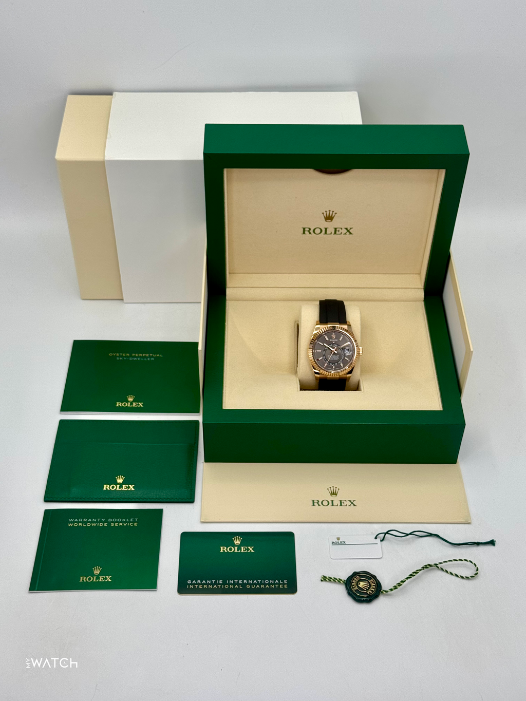 2022 Rolex Sky-Dweller 42mm 326235 Rose Gold Oysterflex Rhodium Dial