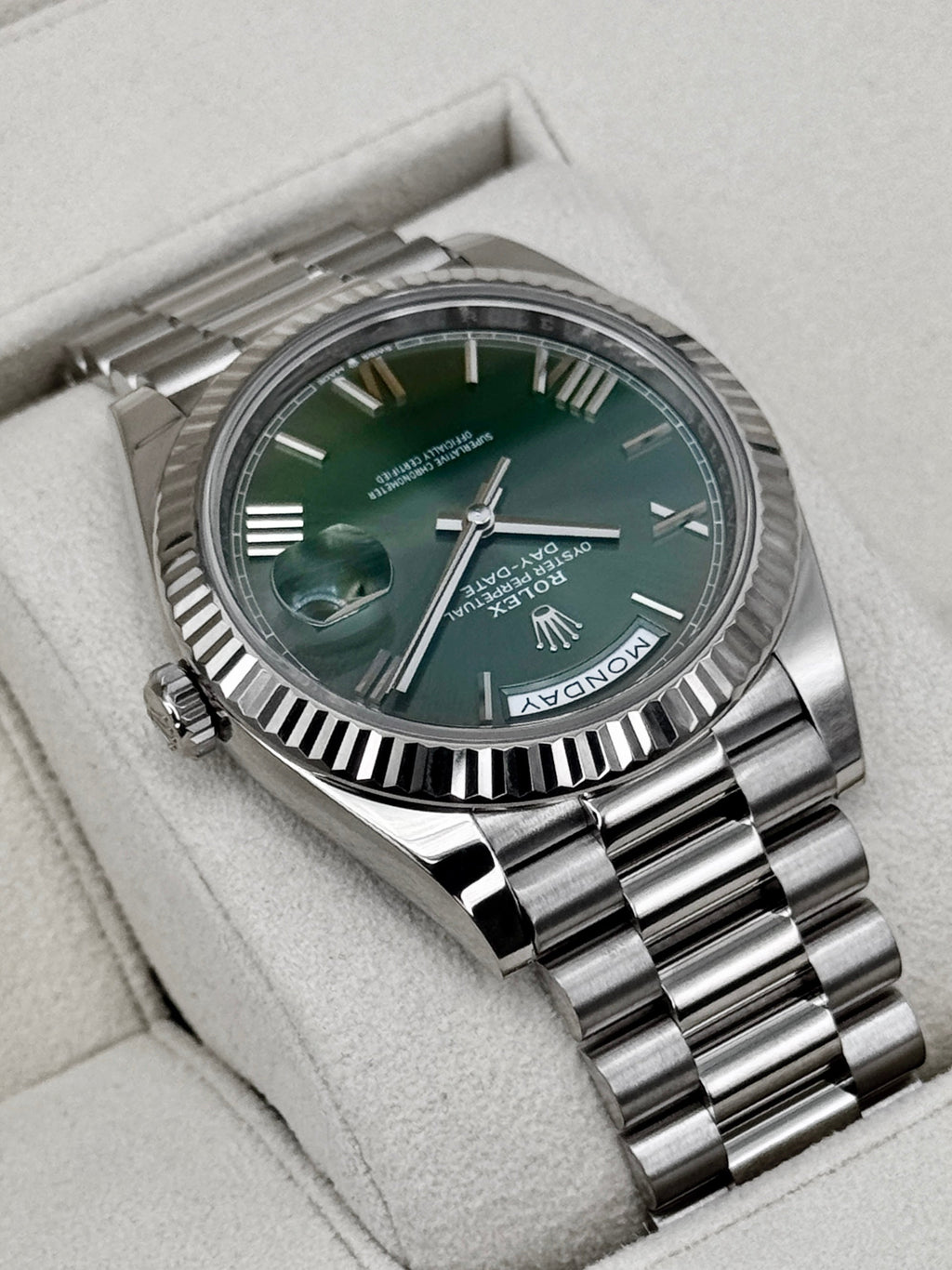2025 Rolex Day-Date 40mm 228239 White Gold Olive Dial