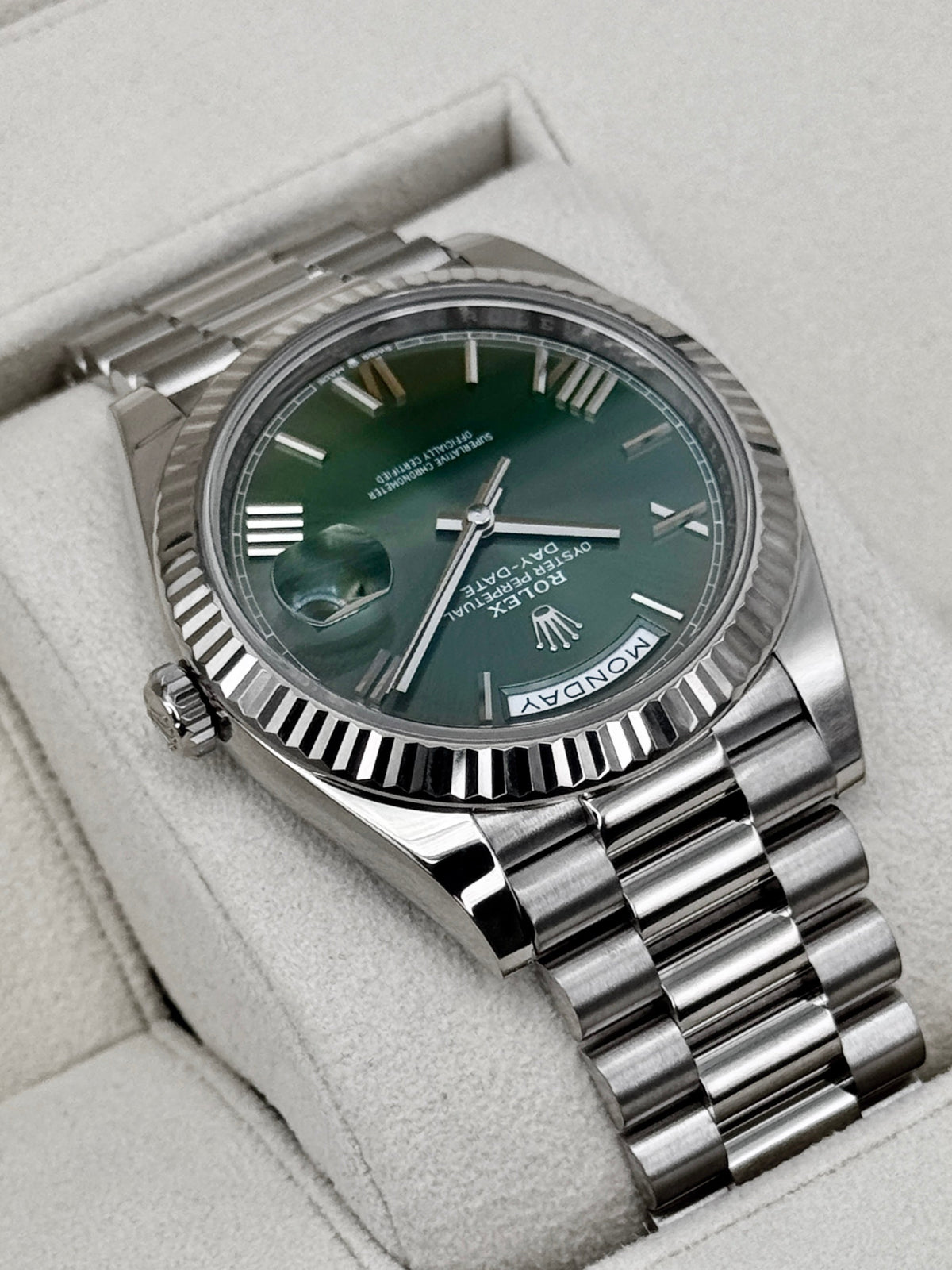 2025 Rolex Day-Date 40mm 228239 White Gold Olive Dial