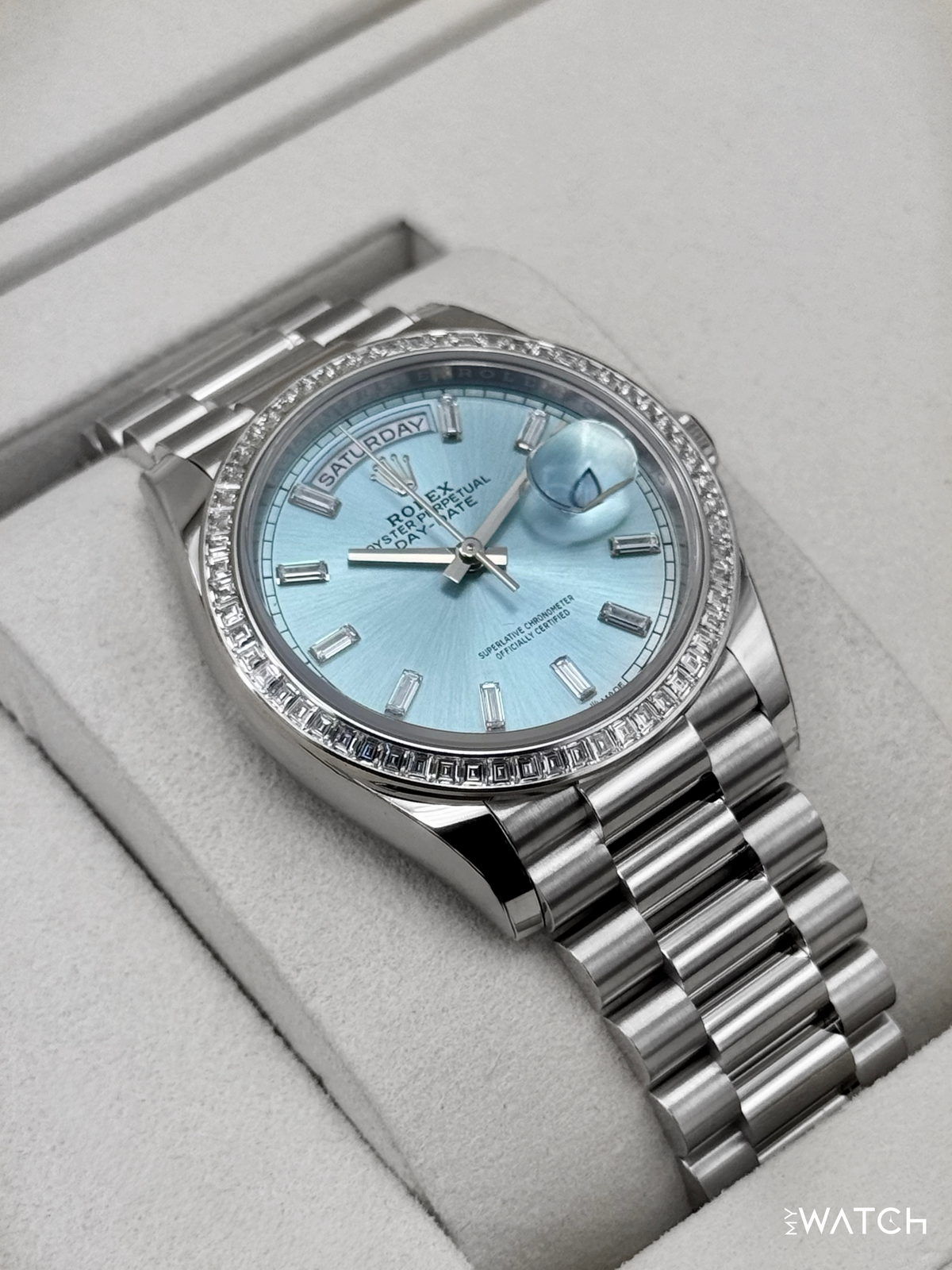 NEW Rolex Day-Date 36mm 128396TBR Ice Blue Diamond Baguette Dial