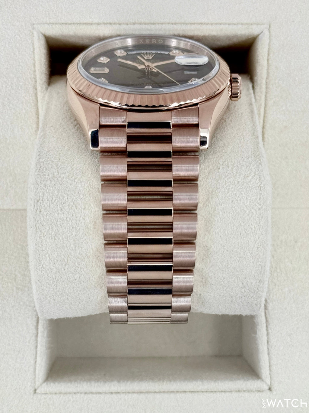2022 Rolex Day-Date 36mm 128235 Rose Gold Chocolate Diamond Dial