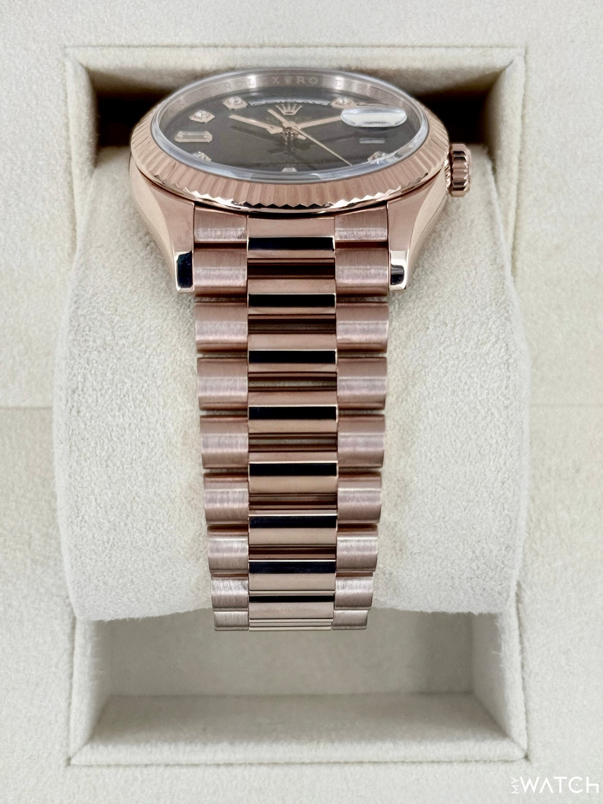 2022 Rolex Day-Date 36mm 128235 Rose Gold Chocolate Diamond Dial