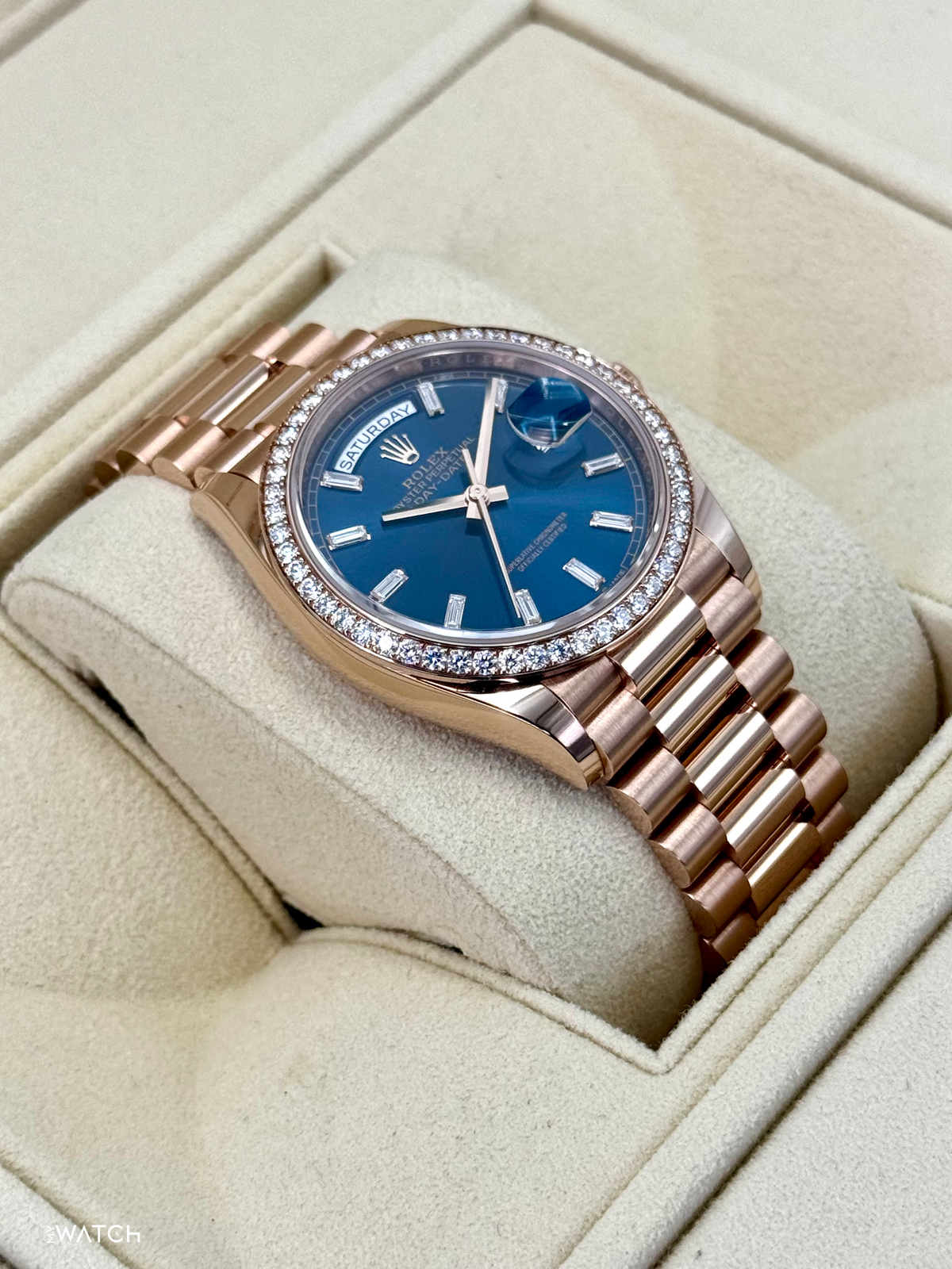 NEW 2025 Rolex Day-Date 36mm 128345RBR Rose Gold Blue Baguette Dial