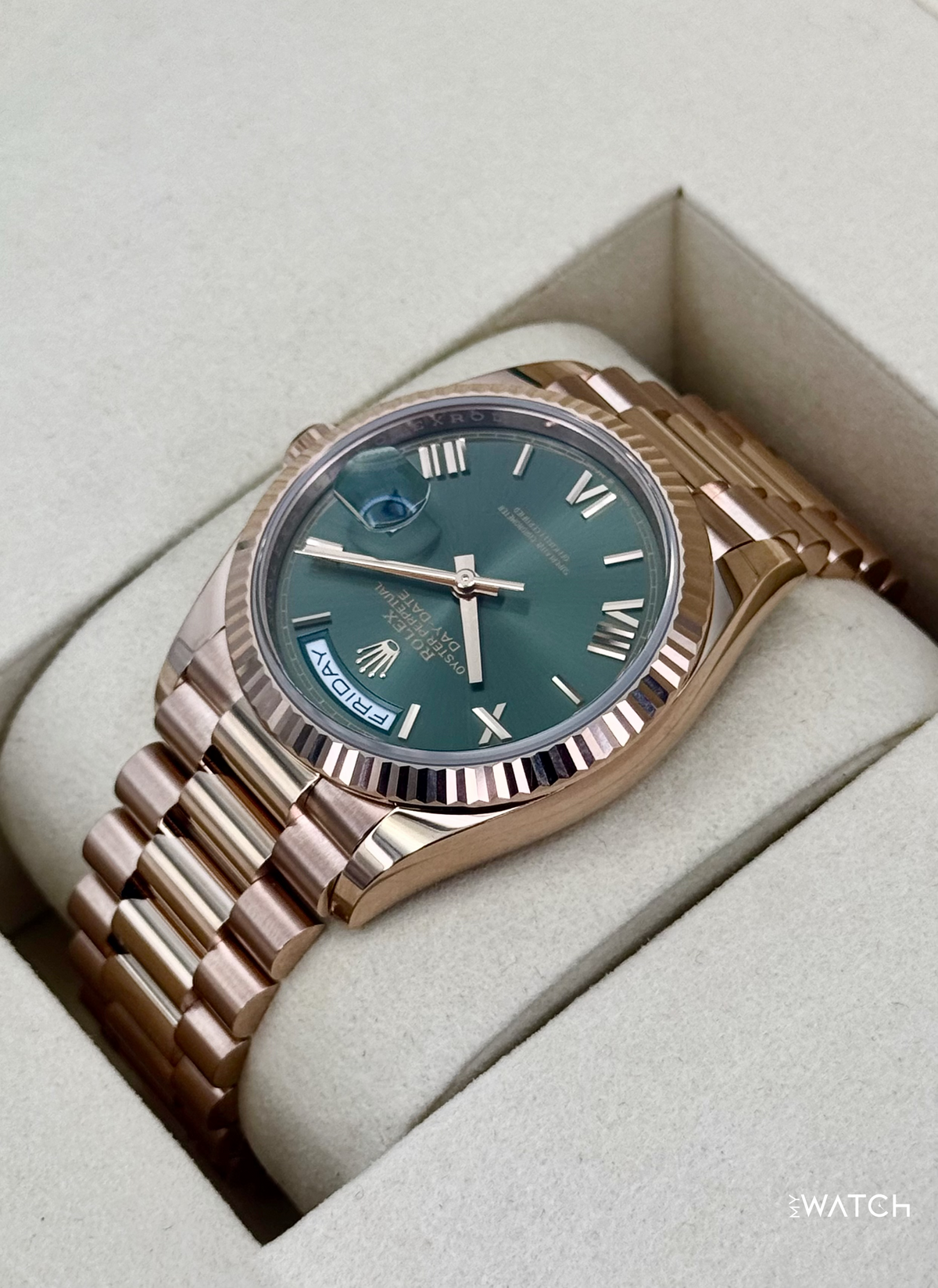 NEW 2026 Rolex Day-Date 36mm 128235 Presidential Rose Gold Olive Green Dial