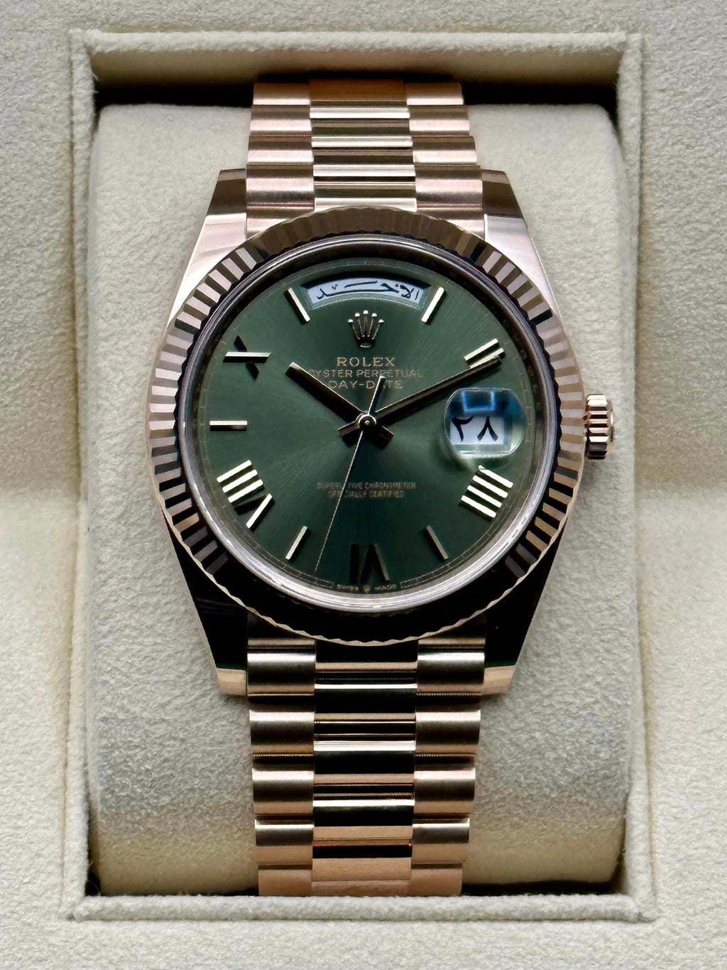 NEW 2022 Rolex Day-Date 40 228235 Rose Gold Olive Dial Arabic Calendar