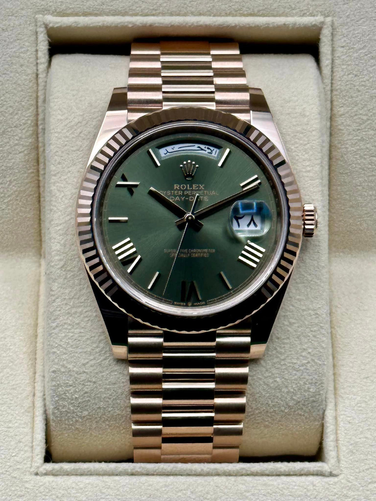 NEW 2022 Rolex Day-Date 40 228235 Rose Gold Olive Dial Arabic Calendar
