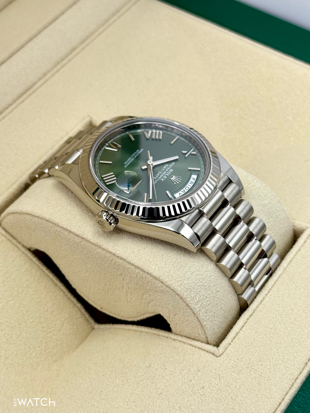 2021 Rolex Day-Date 40mm 228239 White Gold Olive Dial