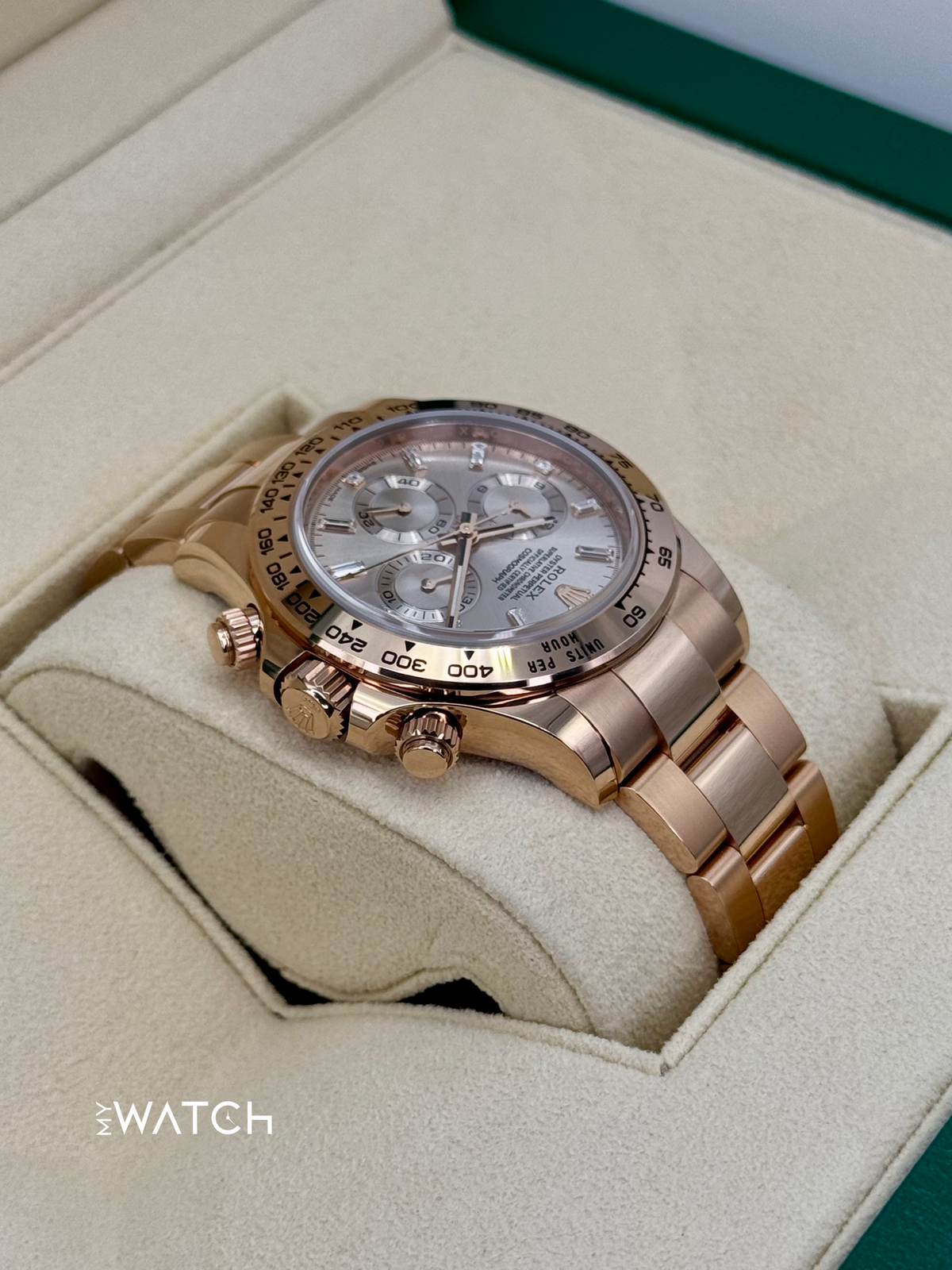 2022 Rolex Daytona 40mm 116505 Rose Gold Sundust Diamond Baguette Dial