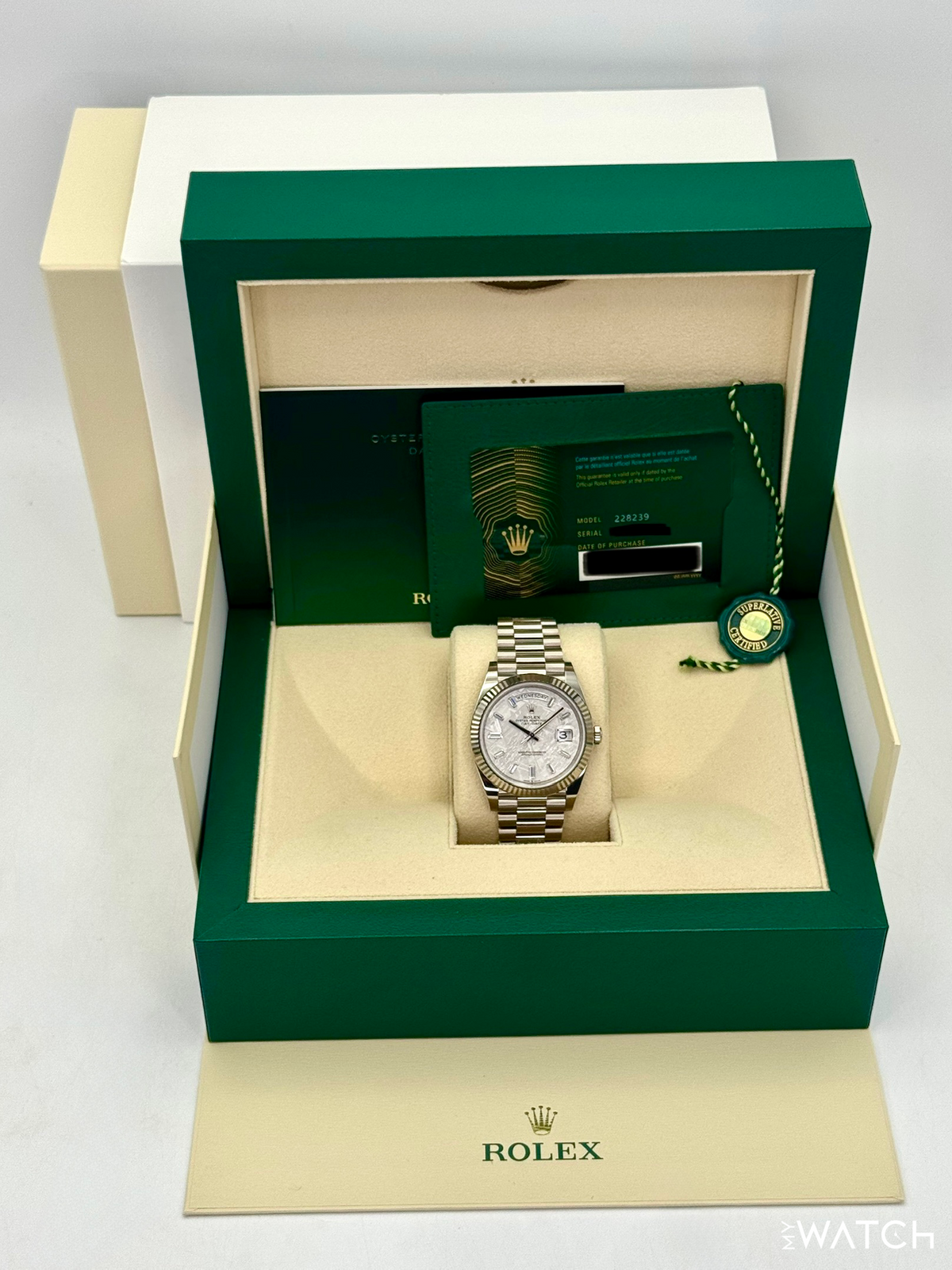 2025 Rolex Day-Date 40mm 228239 Presidential White Gold Meteorite Diamond Dial