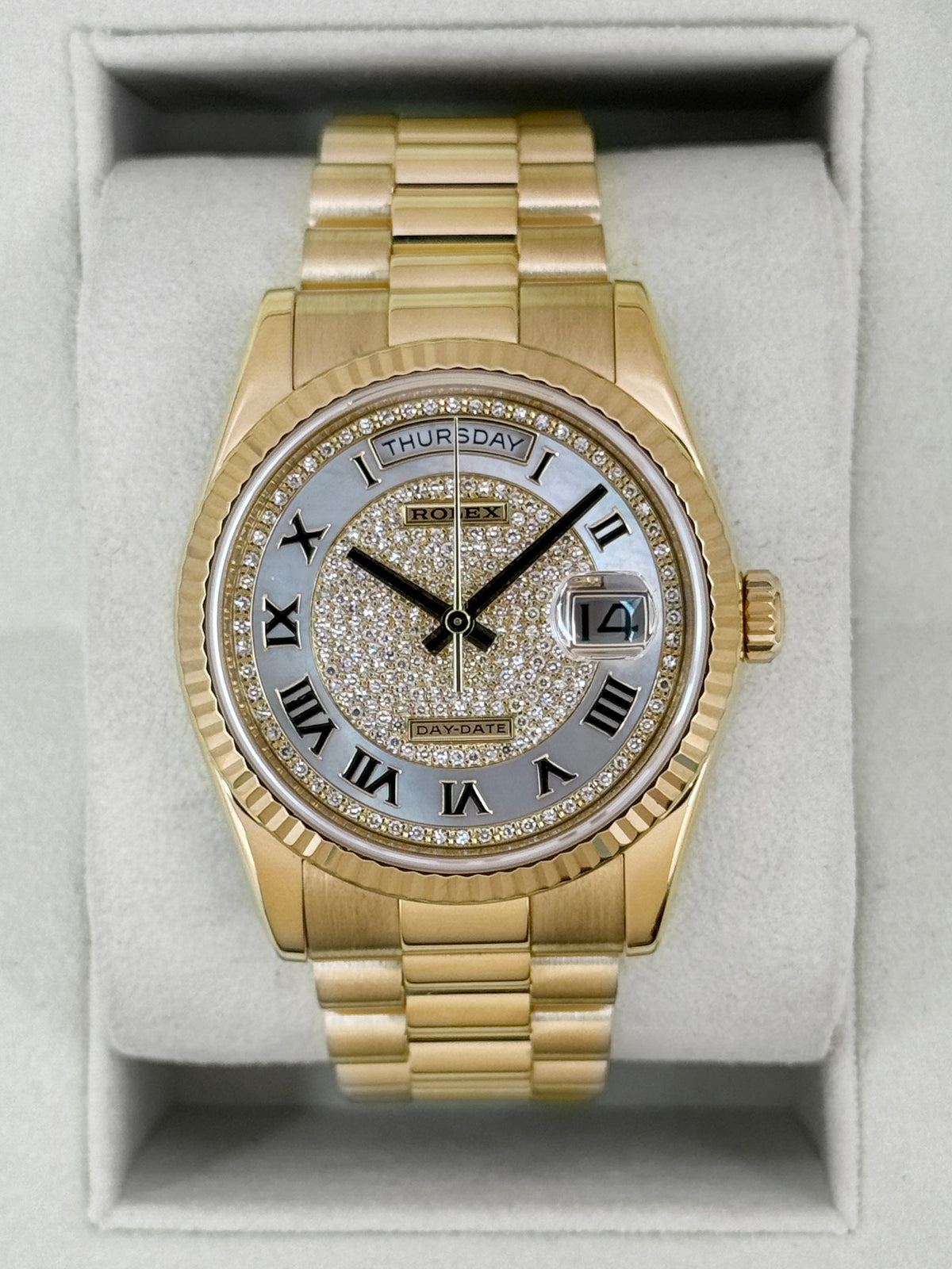 2013 Rolex Day-Date 36mm 118238 Presidential Diamond Pave Mother of Pearl Dial