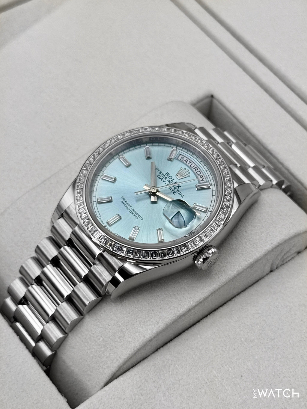 NEW Rolex Day-Date 36mm 128396TBR Ice Blue Diamond Baguette Dial
