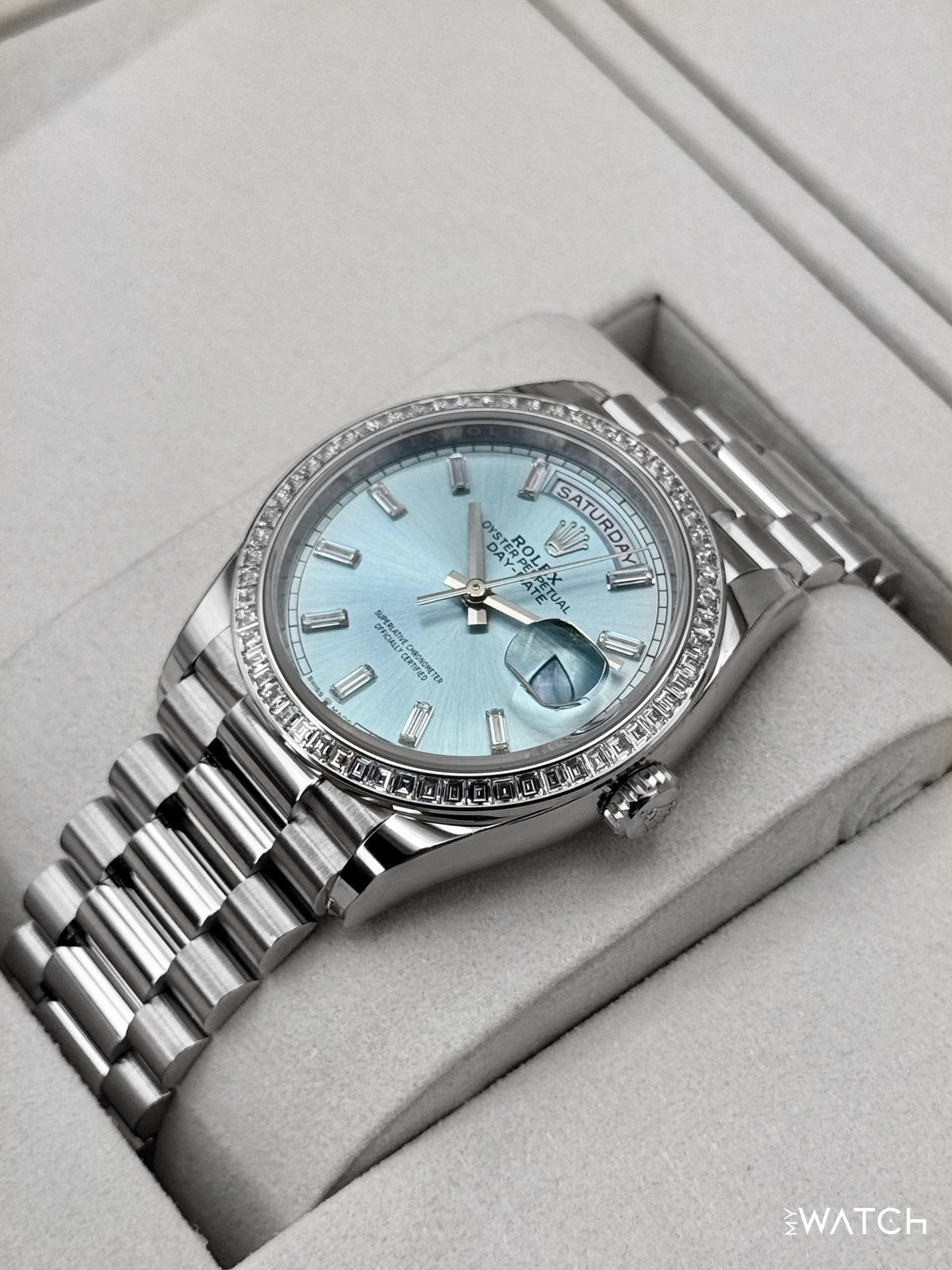 NEW Rolex Day-Date 36mm 128396TBR Ice Blue Diamond Baguette Dial