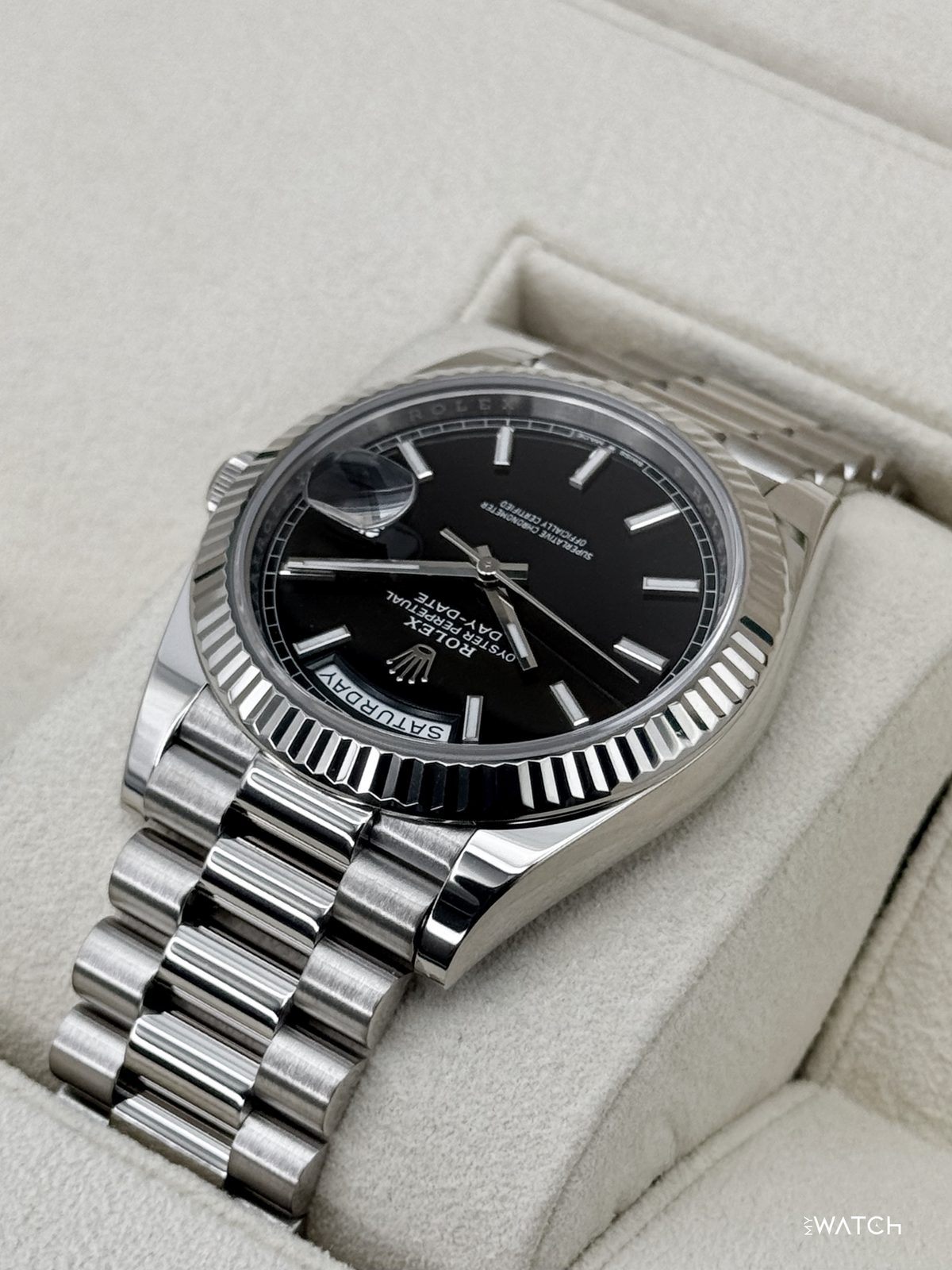 2025 Rolex Day-Date 40mm 228239 Presidential 18kt White Gold Black Dial