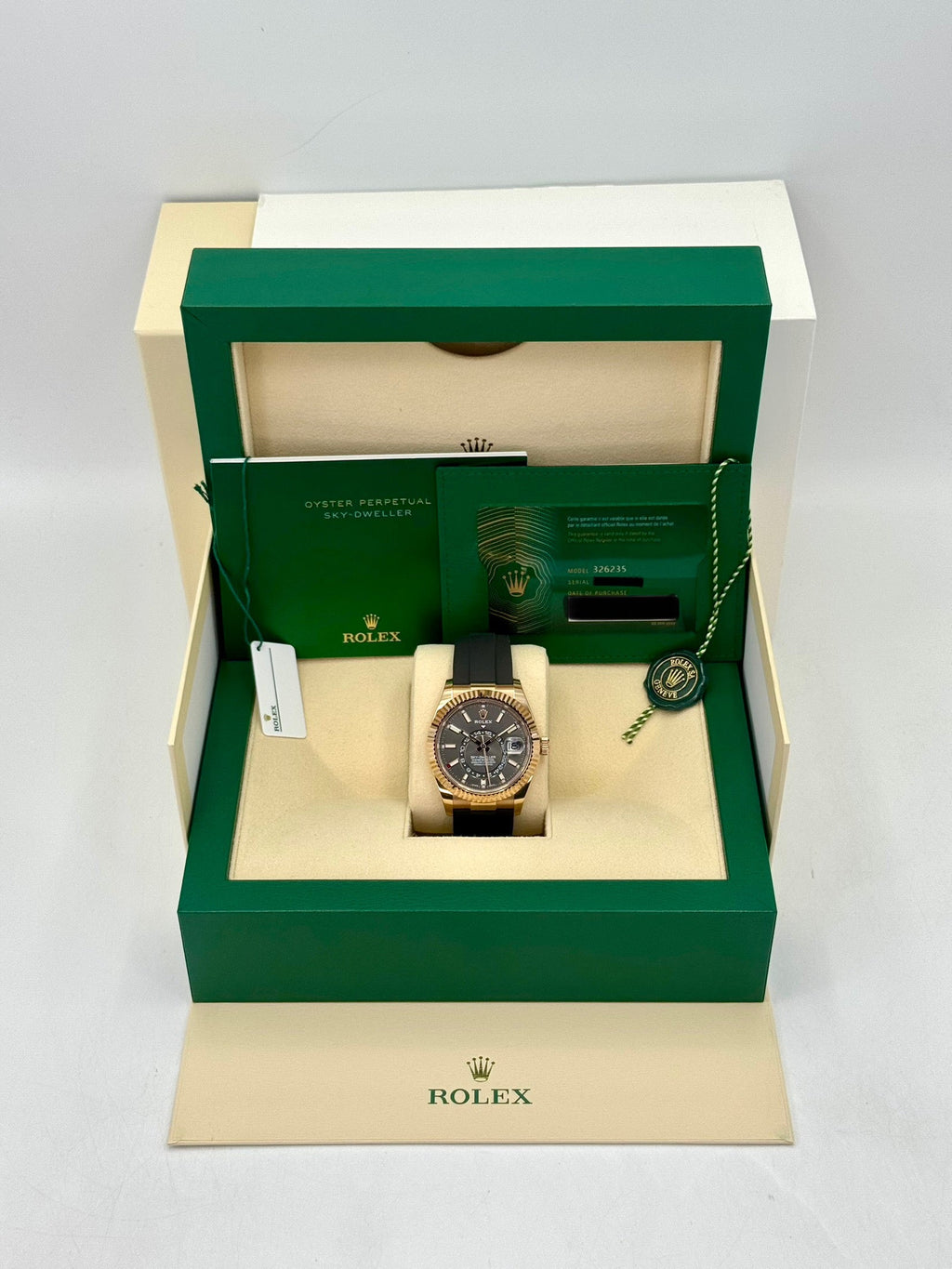 2022 Rolex Sky-Dweller 42mm 326235 Rose Gold Oysterflex Rhodium Dial
