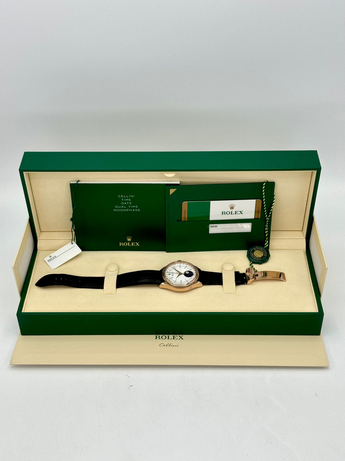 2018 Rolex Cellini Moonphase 39mm 50535 Rose Gold White Dial