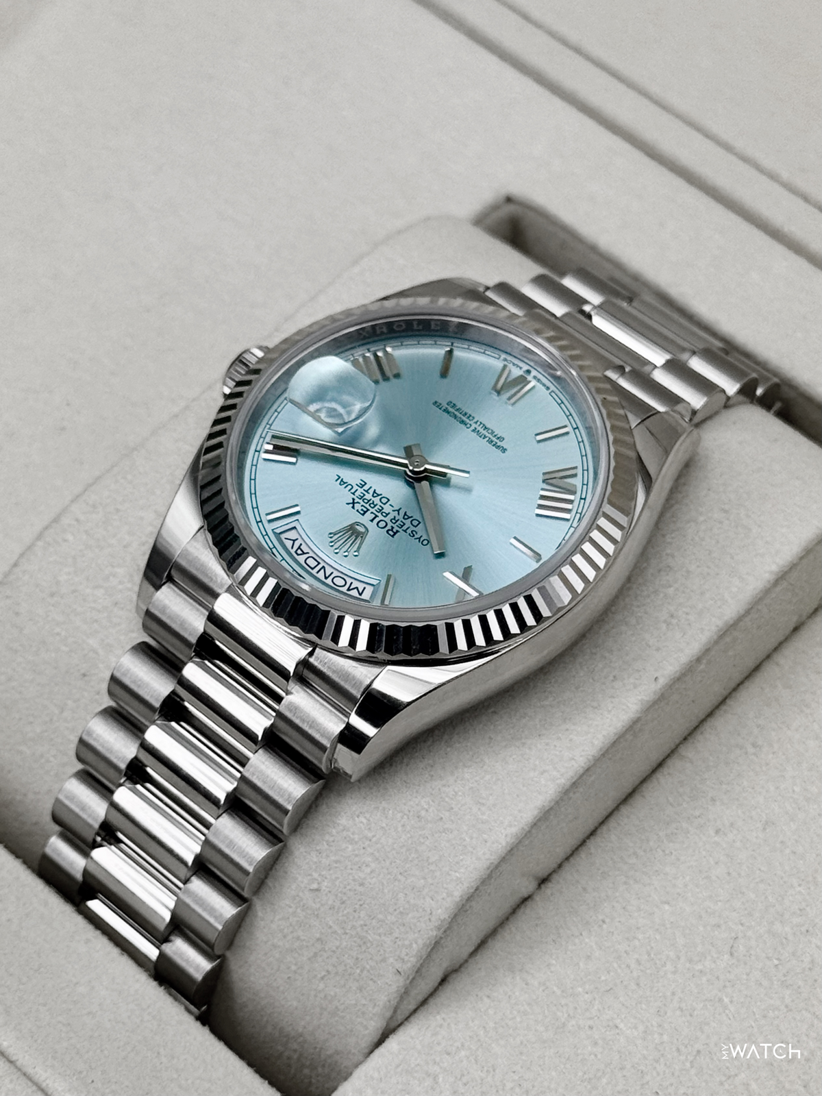 NEW 2026 Rolex Day-Date Platinum 36mm 128236 Ice Blue Roman Dial
