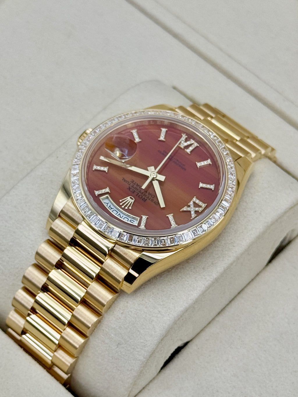 NEW 2026 Rolex Day-Date 36mm 128398TBR Presidential Yellow Gold Carnelian Diamond Dial