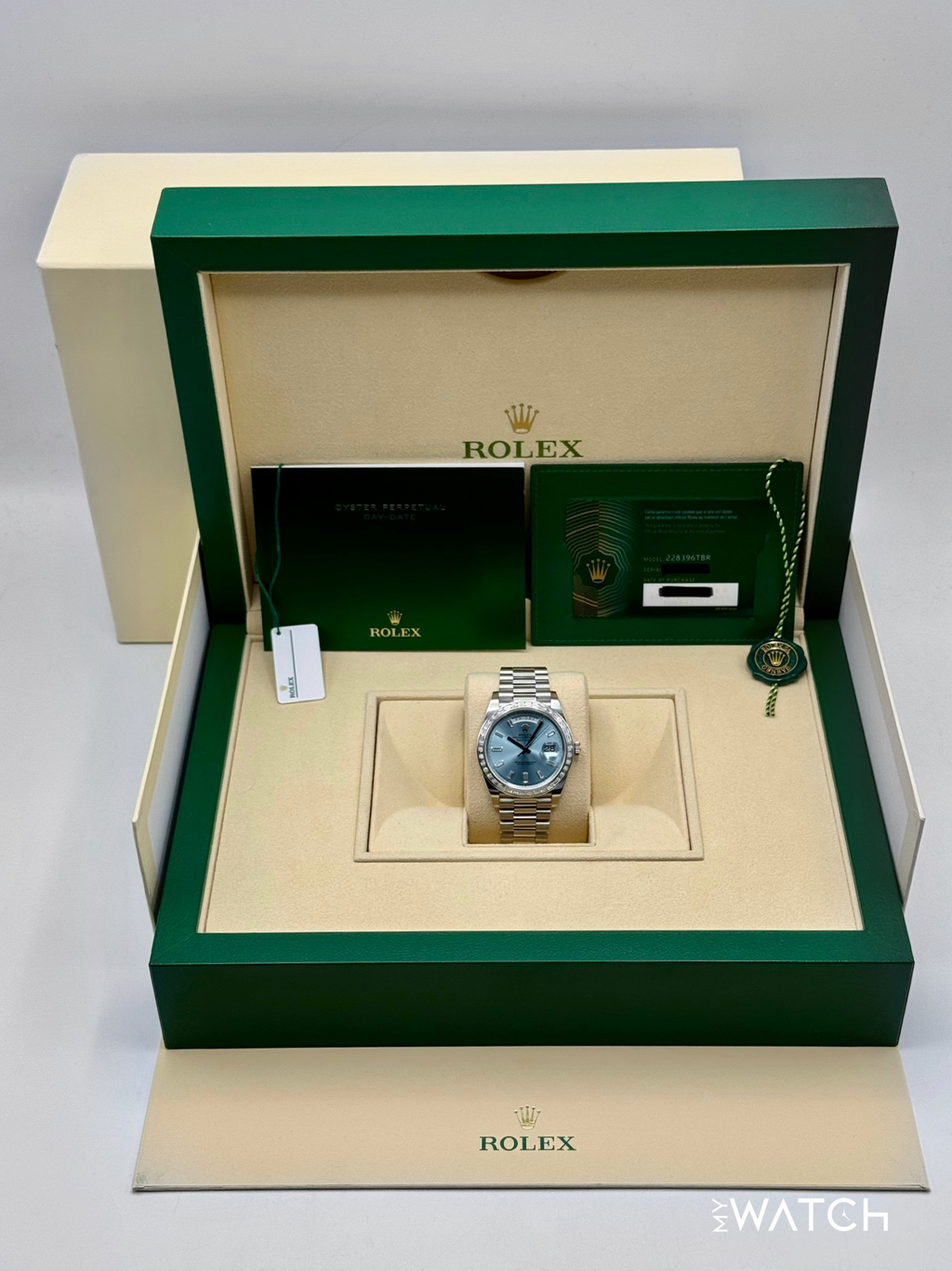 2023 Rolex Day-Date 40mm 228396TBR Ice Blue Diamond Baguette Dial