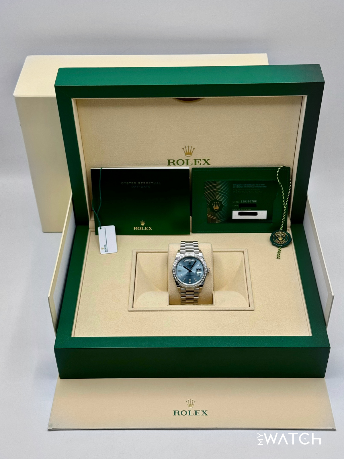 2023 Rolex Day-Date 40mm 228396TBR Ice Blue Diamond Baguette Dial