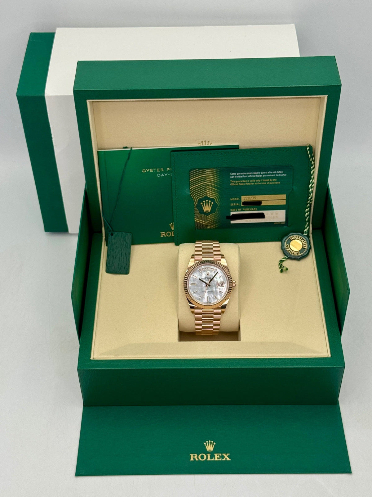 NEW 2026 Rolex Day-Date 40mm 228235 Rose Gold Mother of Pearl Diamond Dial