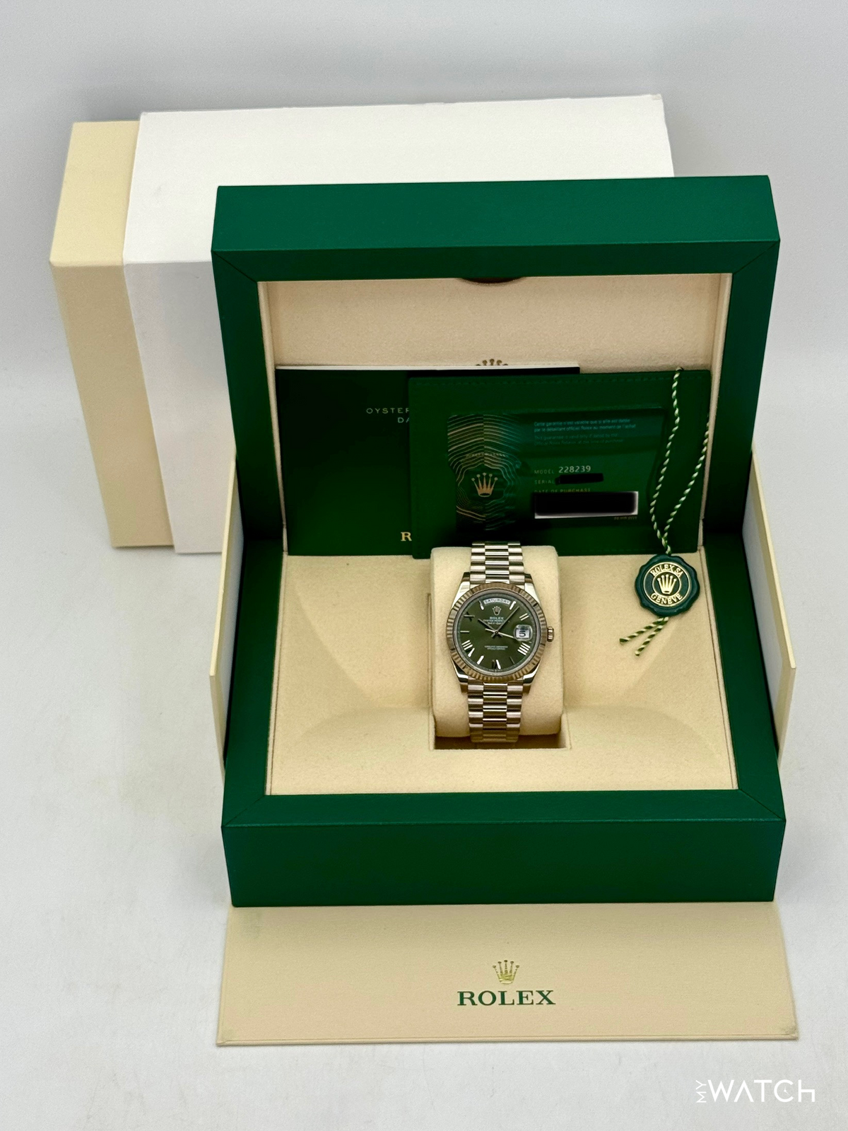 2022 Rolex Day-Date 40mm 228239 Presidential 18kt White Gold Olive Dial