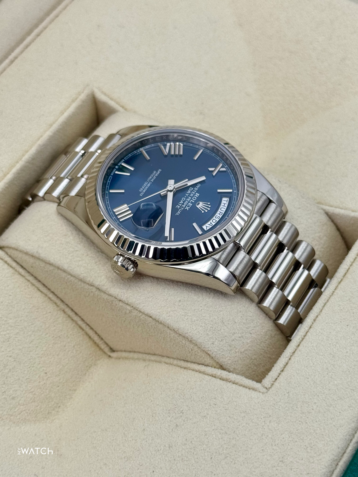 2021 Rolex Day-Date 40mm 228239 White Gold Blue Dial