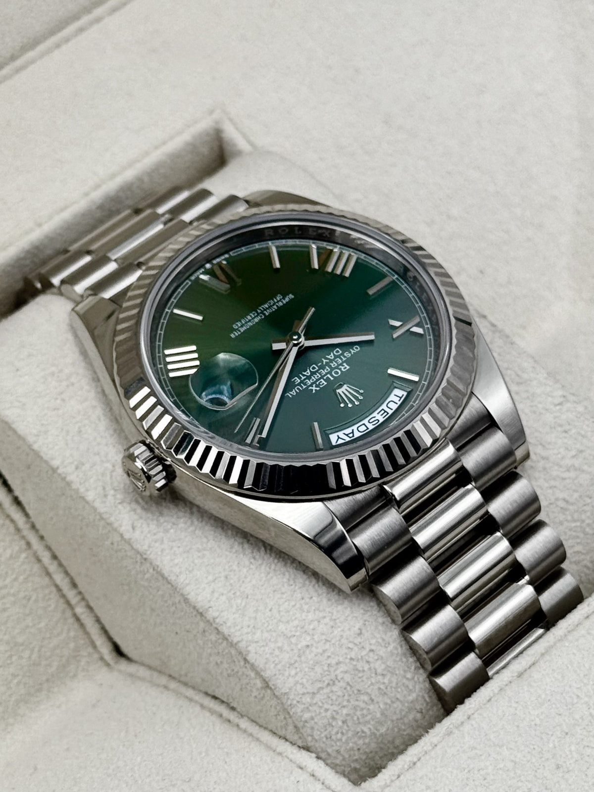 2023 Rolex Day-Date 40mm 228239 White Gold Olive Dial