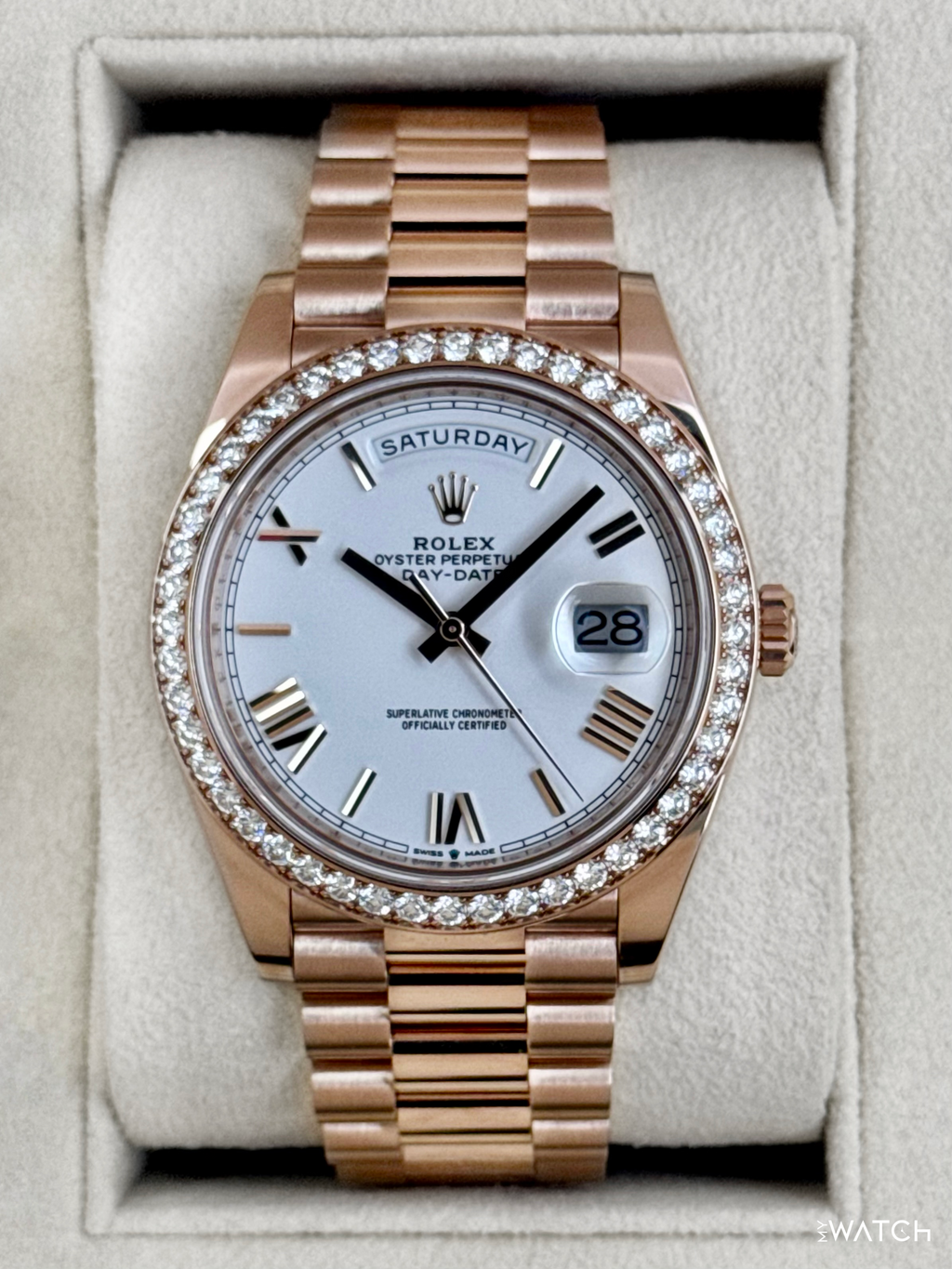2022 Rolex Day-Date 40mm 228345RBR Presidential Rose Gold Diamond Bezel White Dial (CPO)